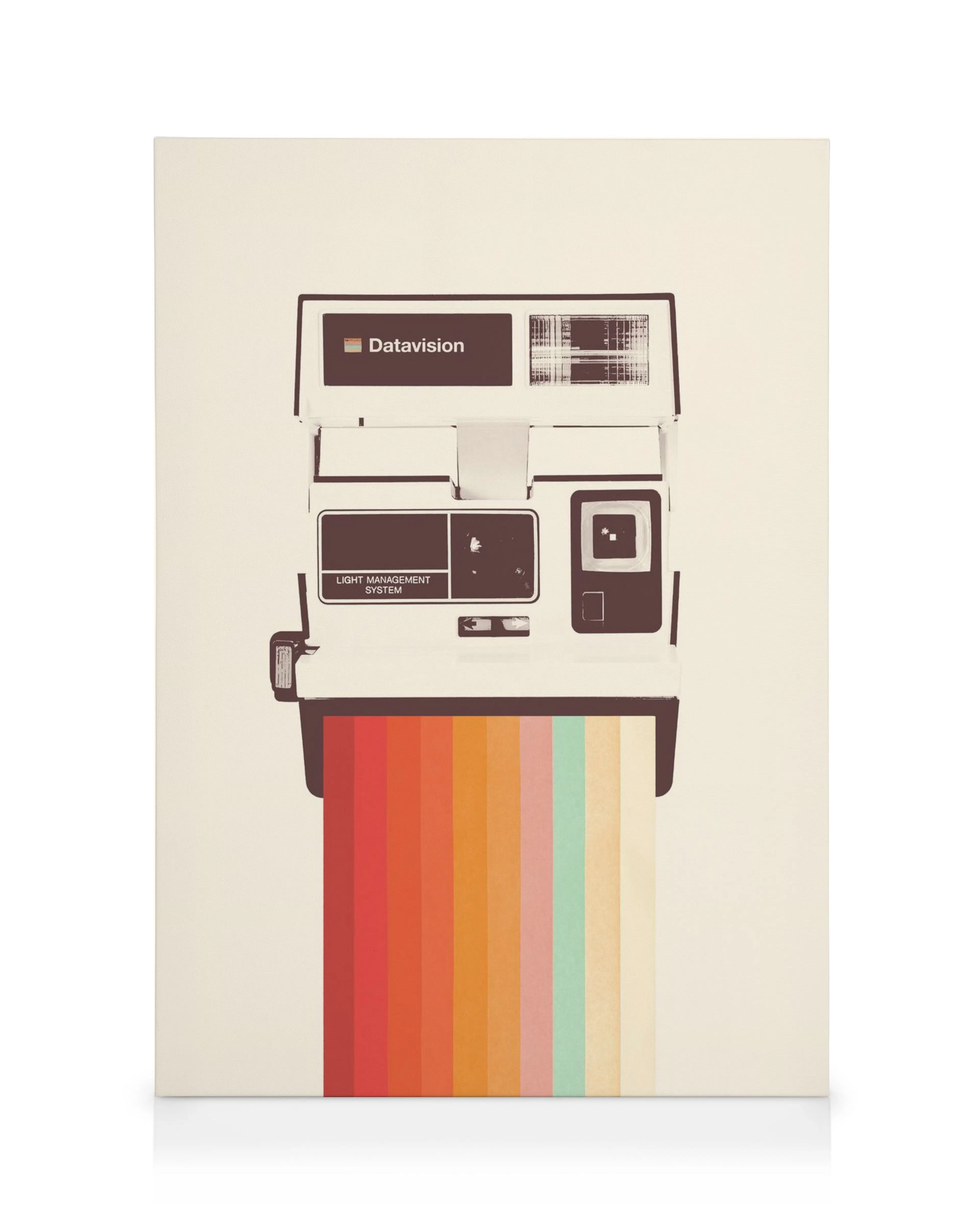 Leinwandbild mit Vintage-Sofortbildkamera, aus der ein Regenbogenstreifen als Foto austritt. Retrostil, Pop-Art.