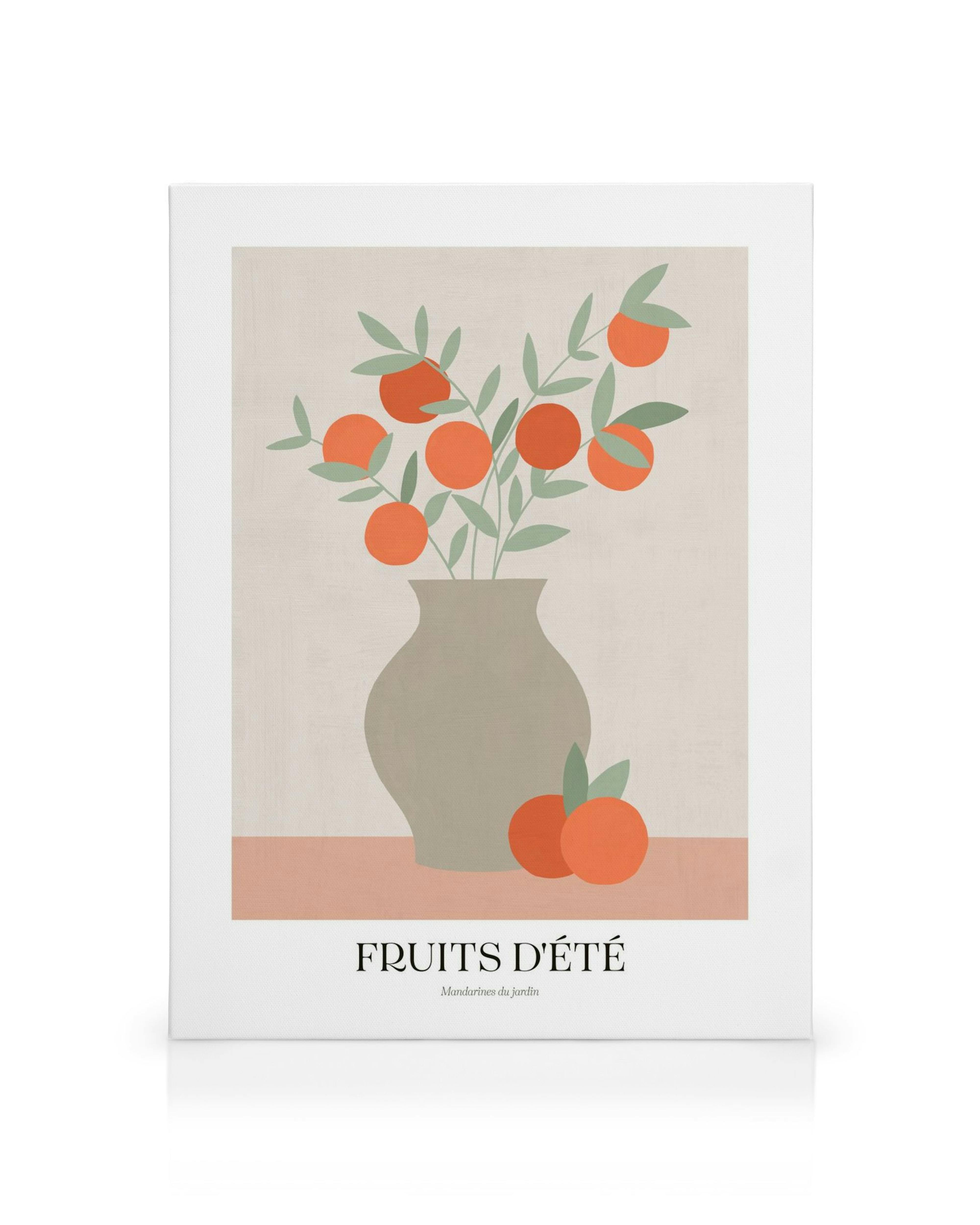 Lærred med illustrerede mandariner i grå vase, med et par mandariner ved siden af på en orange flade, Fruits dété.