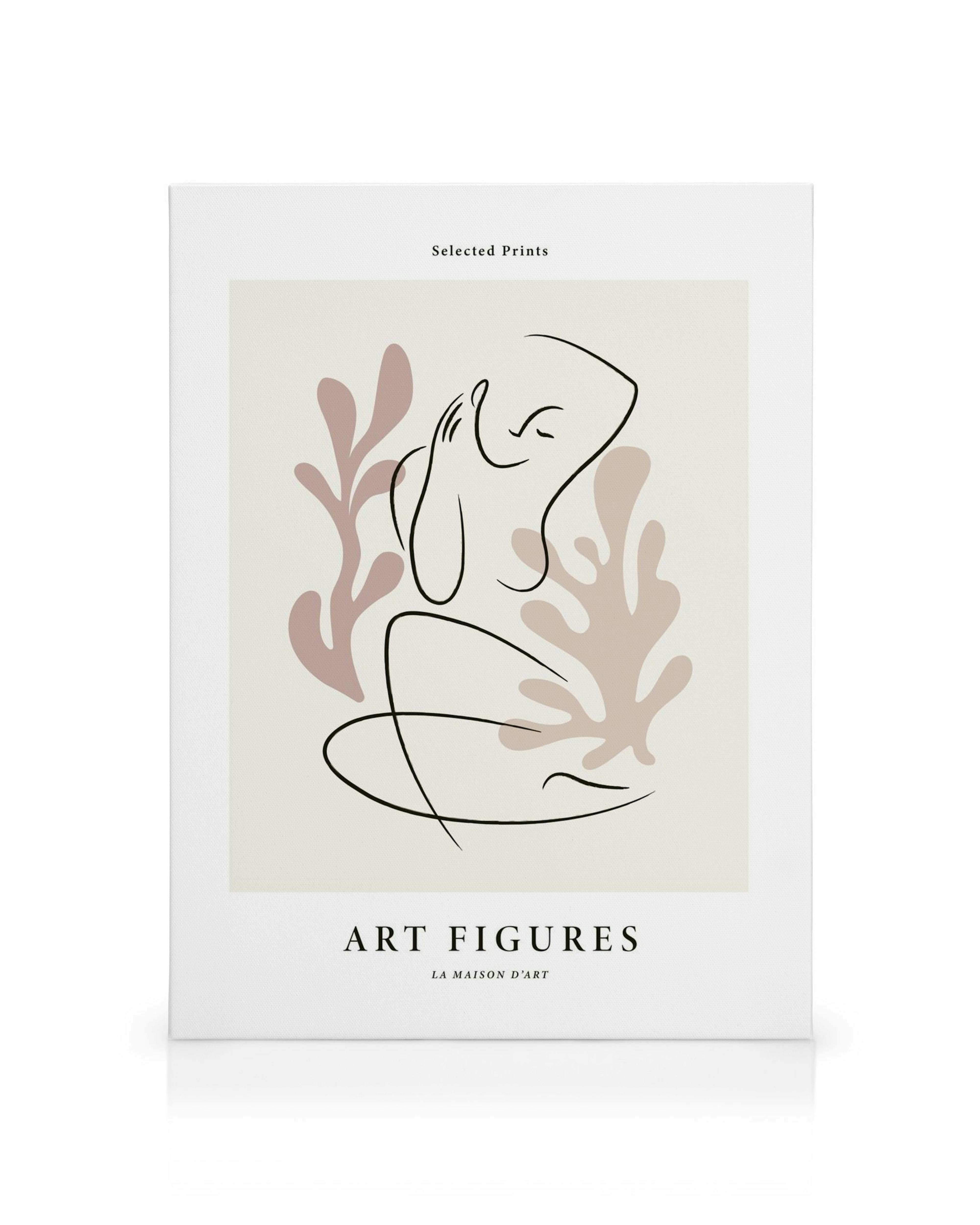 Art Figures No1 canvas print, featuring a minimalist line drawing of a seated female figure with organic shapes in muted tones.