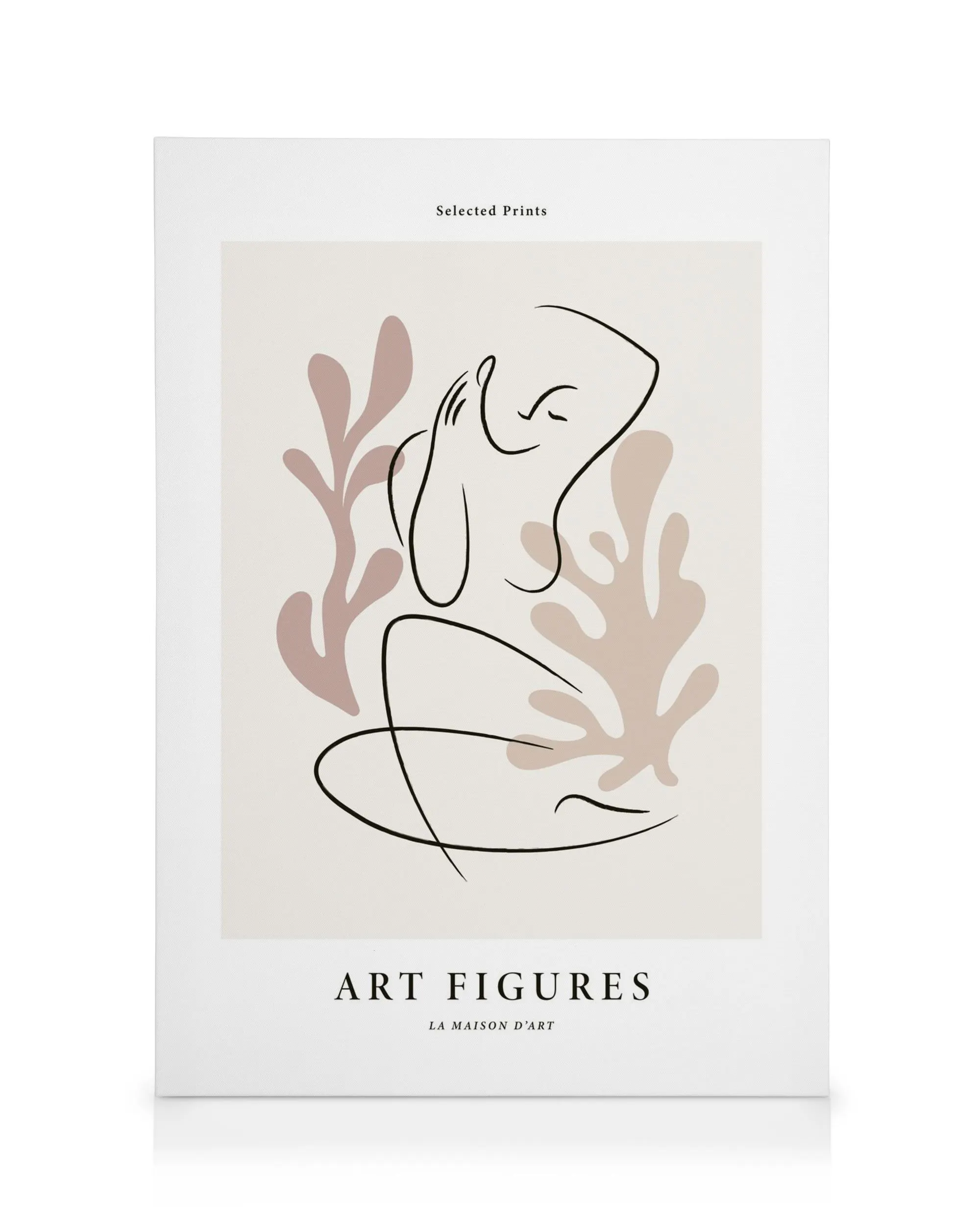 Abstract art canvas print with a stylized nude figure in black line art against a beige and pink botanical background.