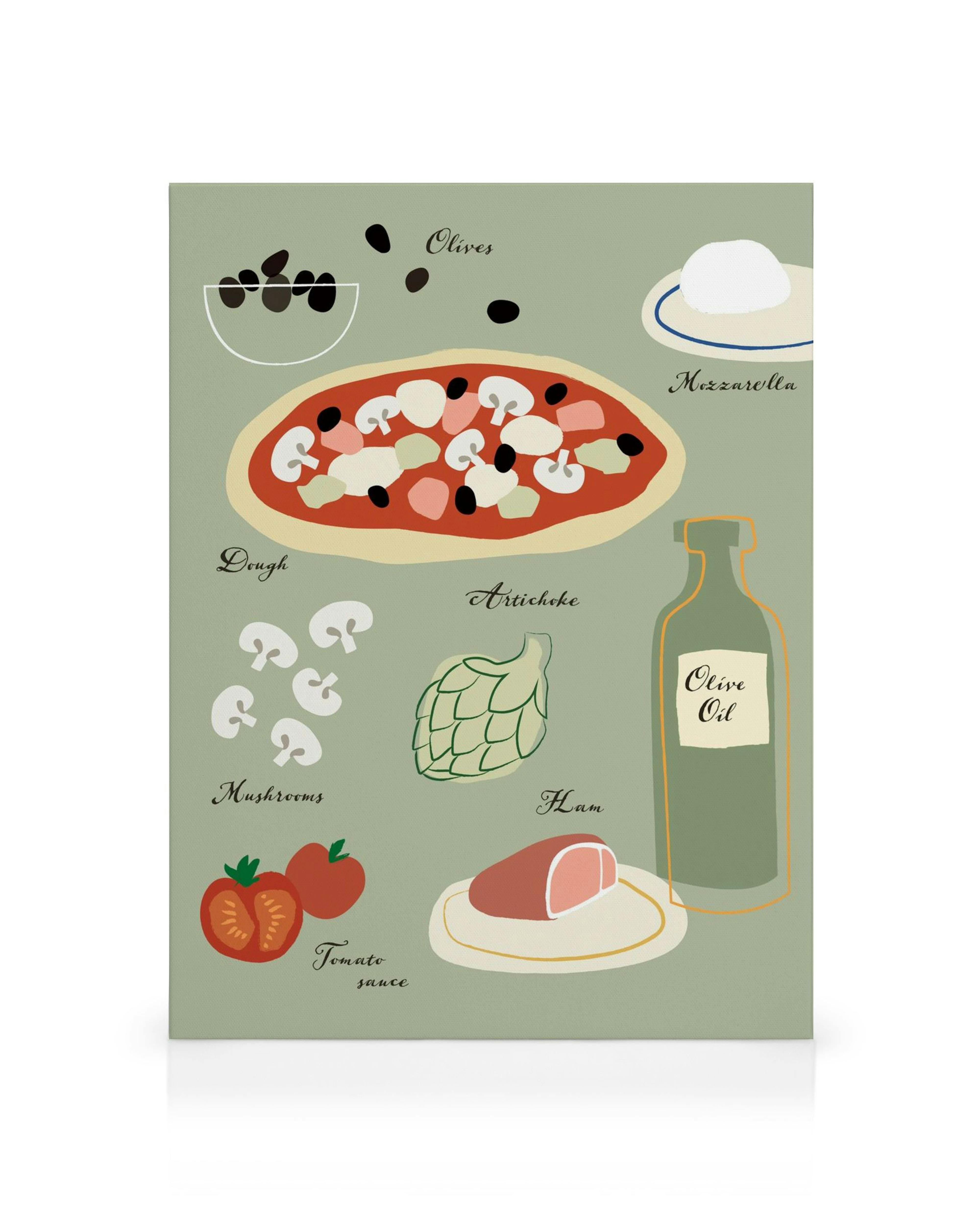 Lienzo vibrante con pizza Capricciosa e ingredientes como aceitunas, champiñones, alcachofas, jamón, mozzarella y tomate, sobre 