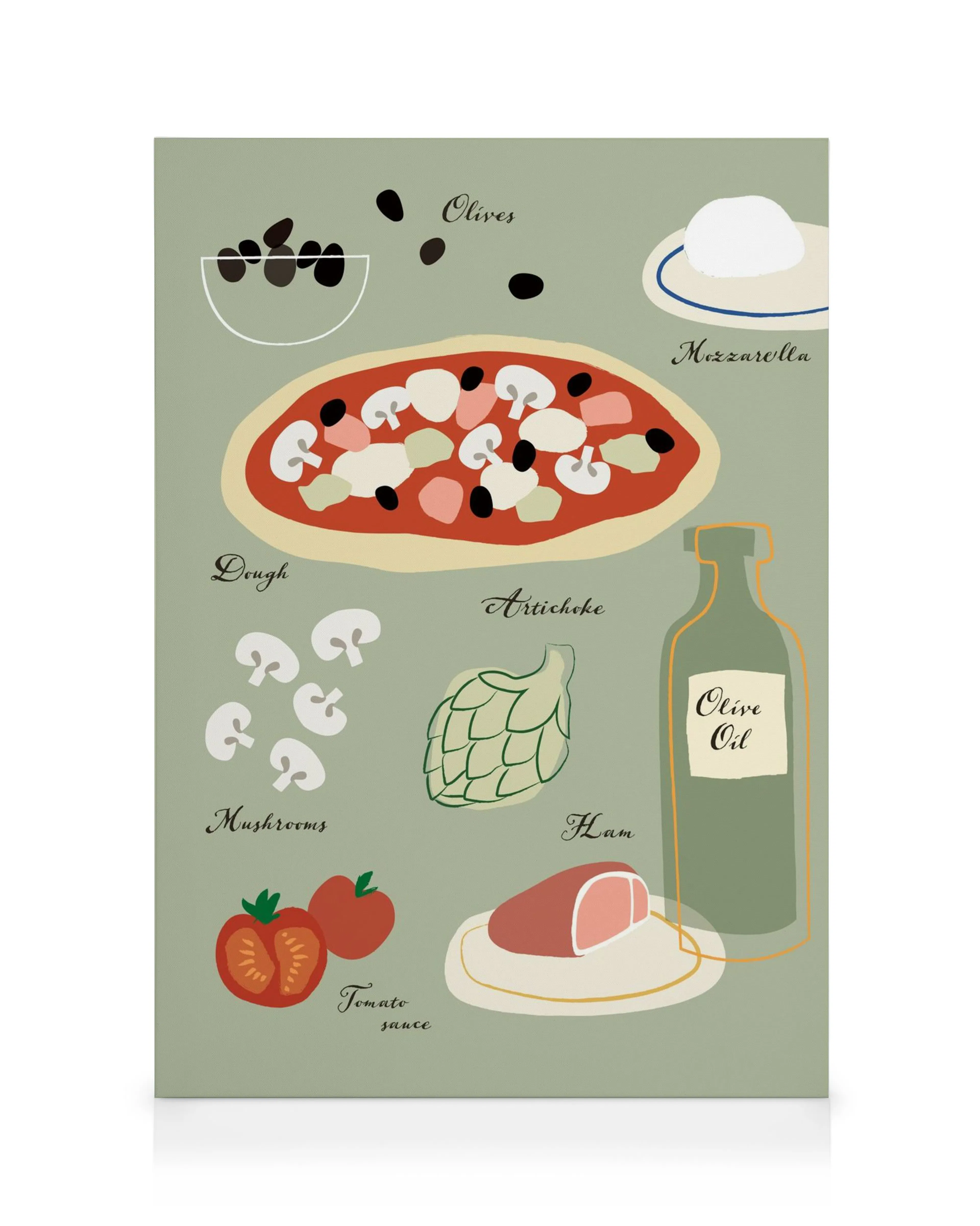 Lienzo vibrante con pizza Capricciosa e ingredientes como aceitunas, champiñones, alcachofas, jamón, mozzarella y tomate, sobre 