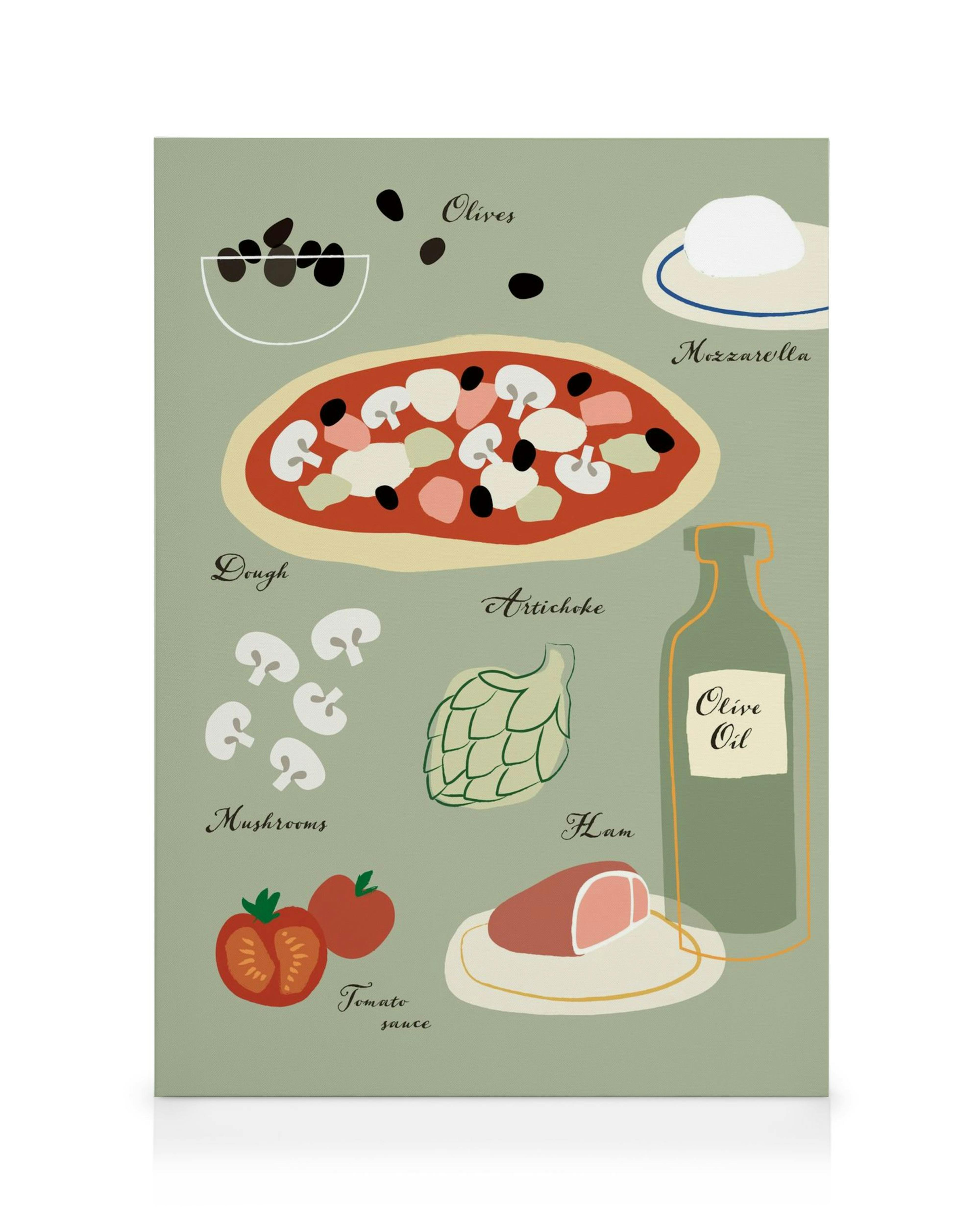 Capricciosa pizza ingredients canvas print with olives, mozzarella, ham, artichoke, mushrooms, and tomato sauce on a sage green 