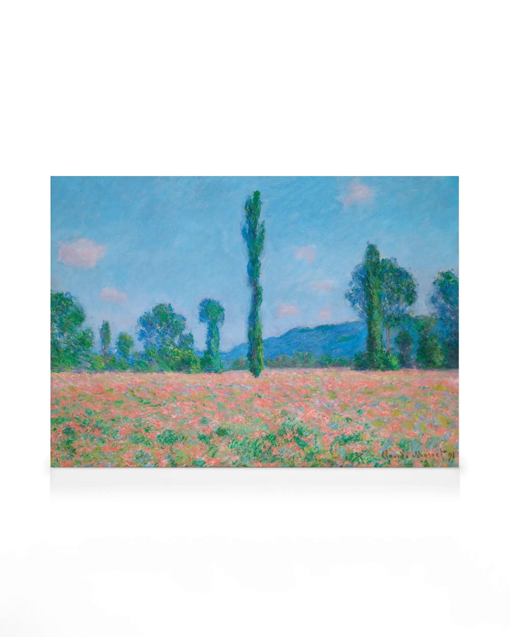 Toile de Monet, Champ de coquelicots à Giverny, peinture texturée avec fleurs roses, arbres et ciel bleu.