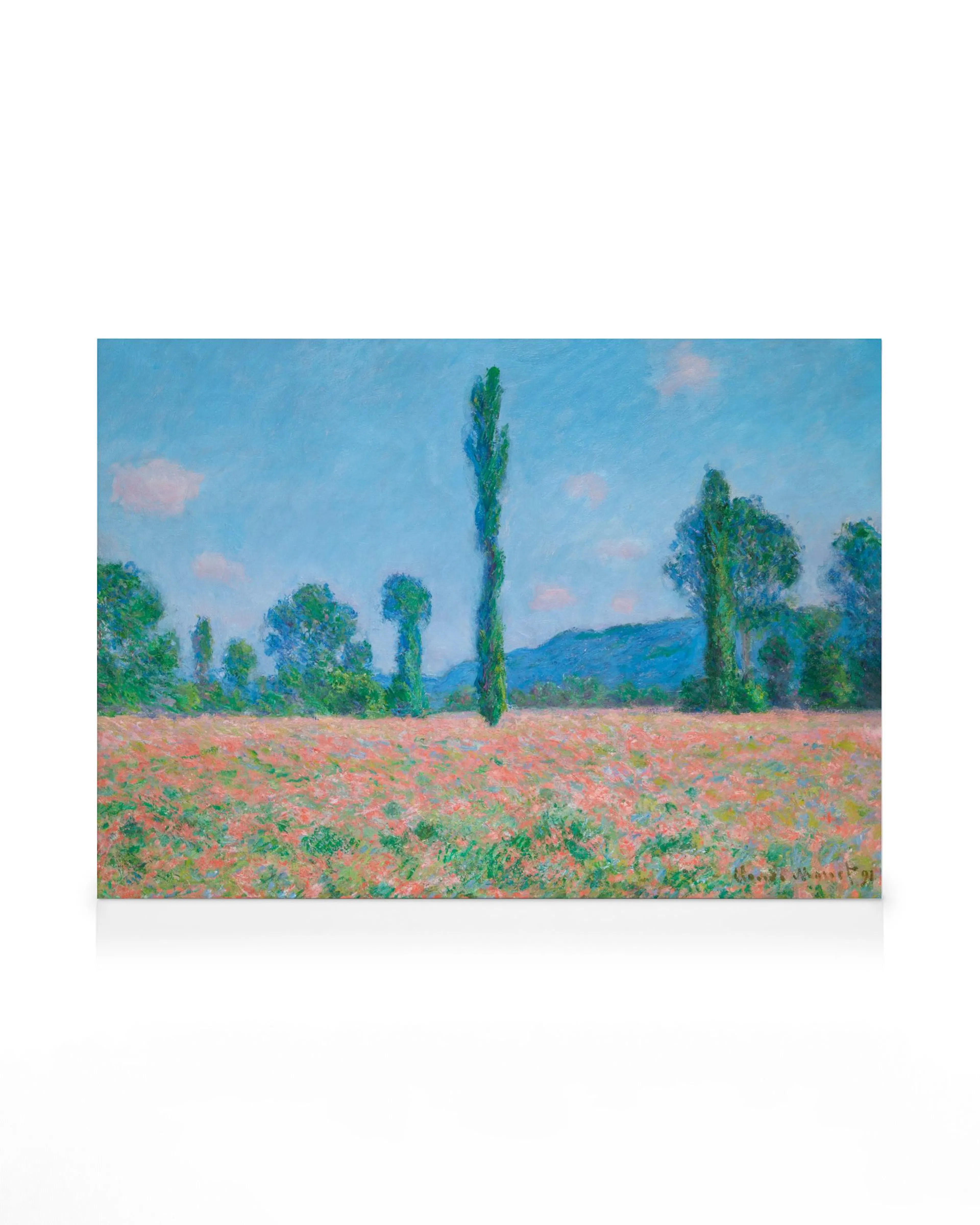 Toile de Monet, Champ de coquelicots à Giverny, peinture texturée avec fleurs roses, arbres et ciel bleu.