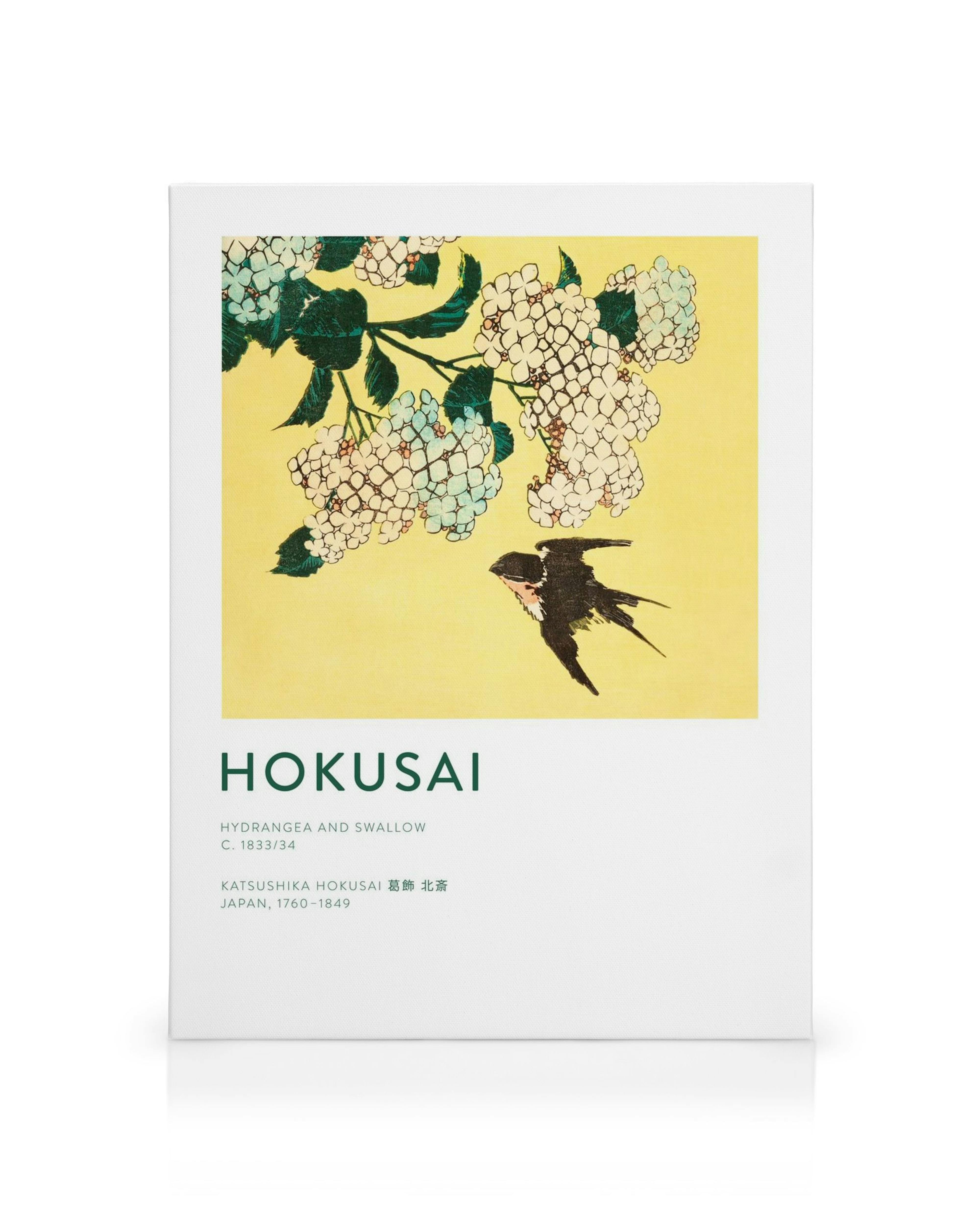 Hokusain japanilainen kanvaasitaide, jossa on valkoisia hortensioita ja musta pääsky kelkellä taustalla.