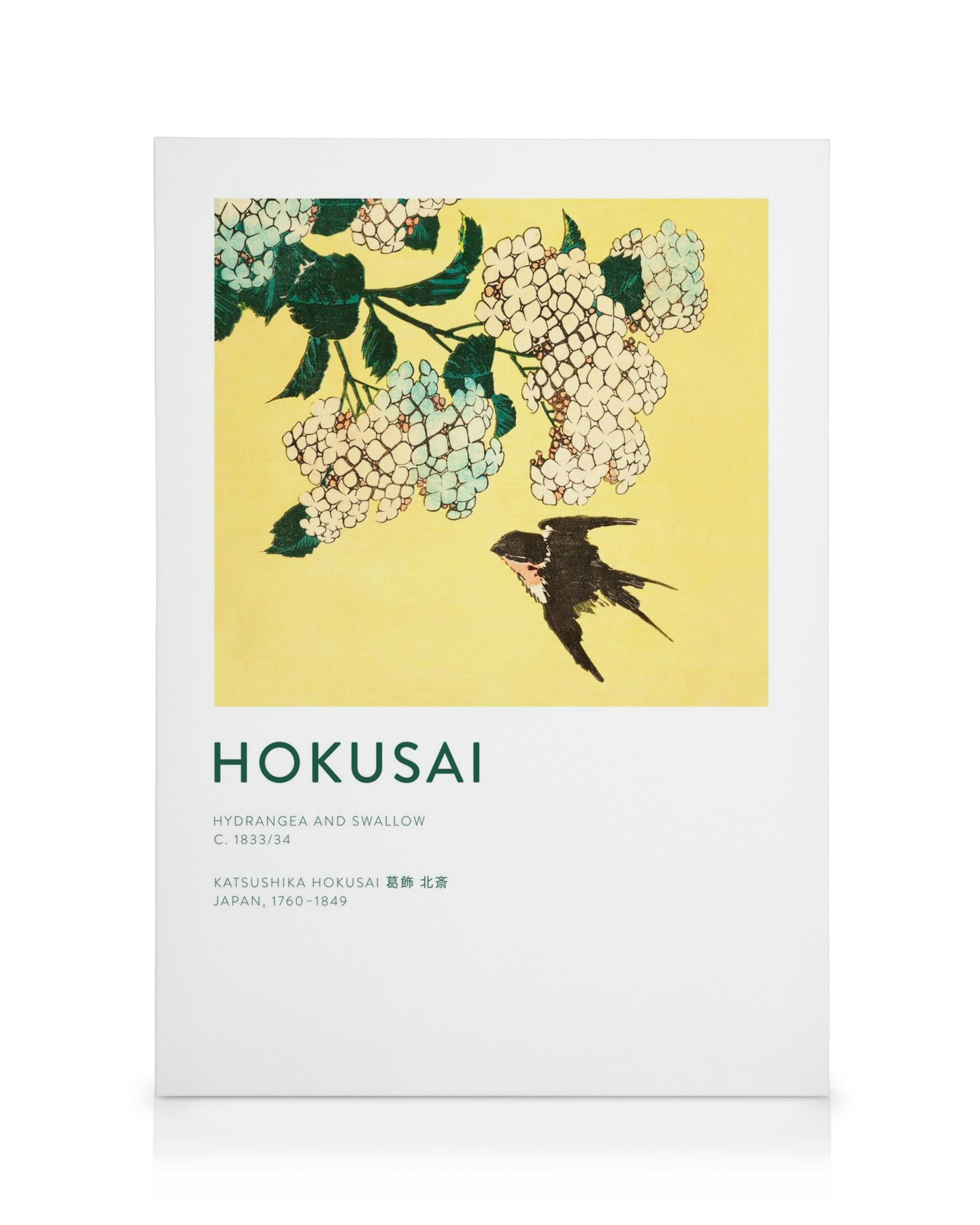 Hokusai Leinwanddruck: Hortensienblüten in Weiss und Hellblau auf gelbem Hintergrund, dazu eine fliegende Schwalbe in braun und 