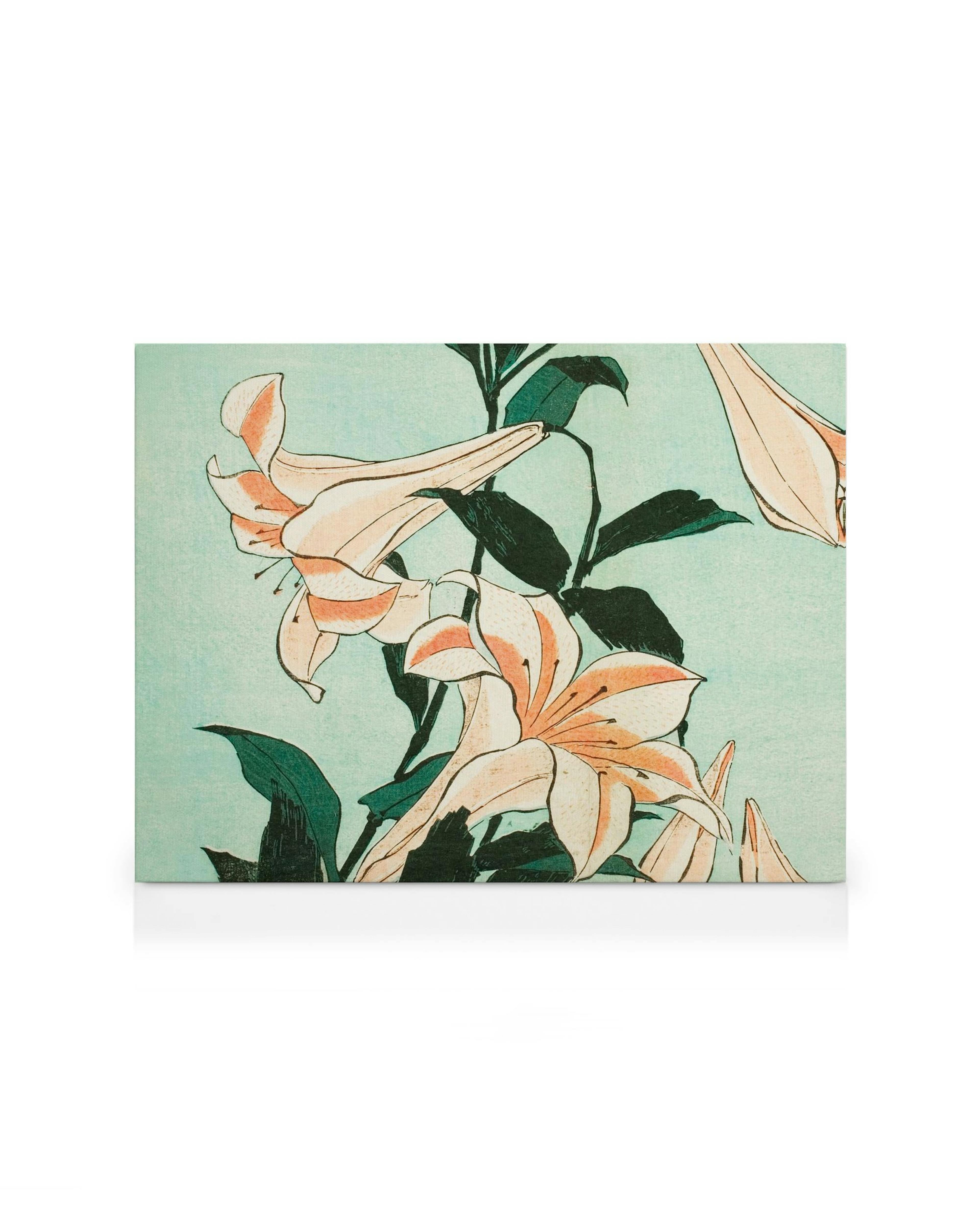 Hokusai Trumpet Lilies canvas print featuring light orange and white flowers with dark green leaves on light green.
