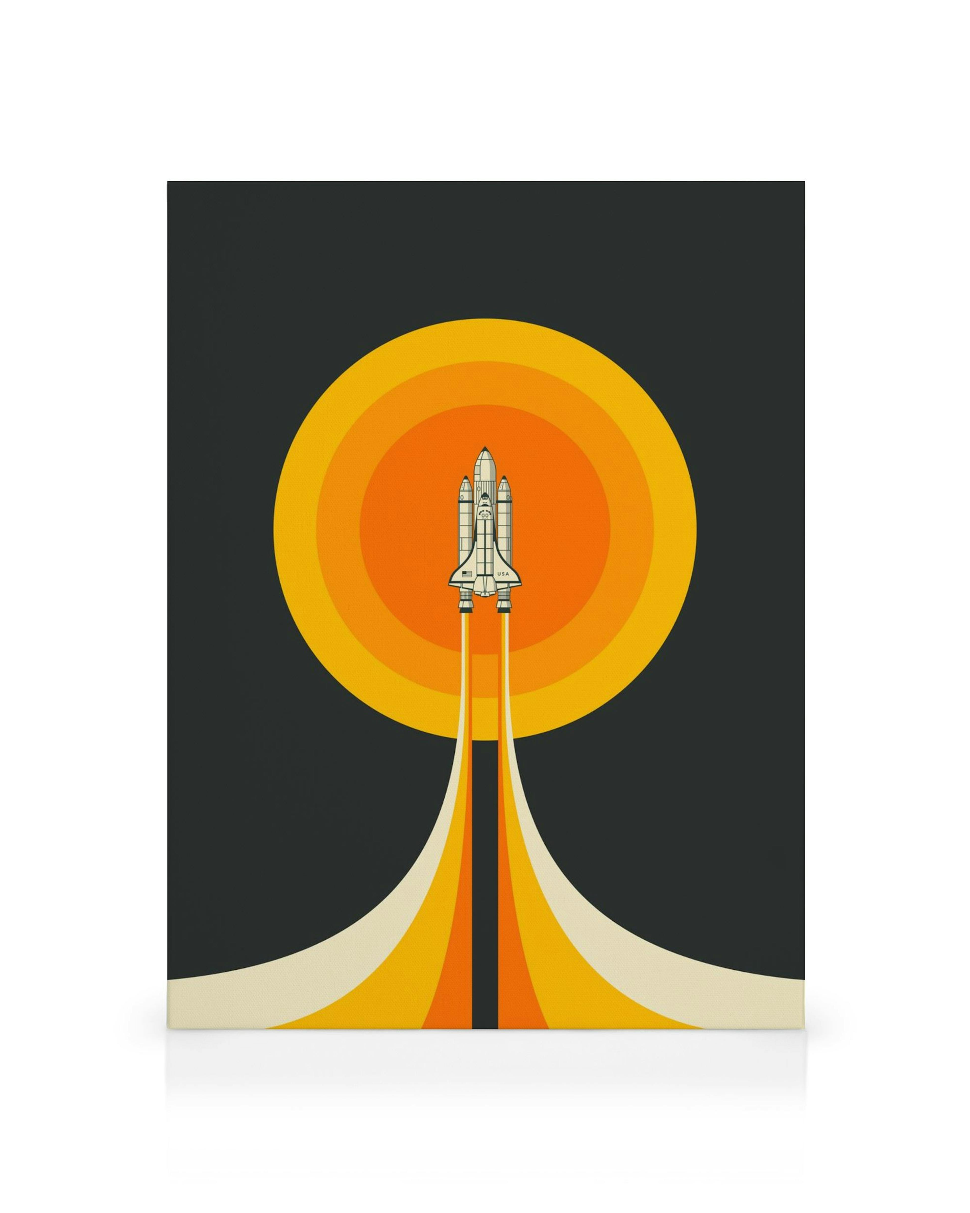 Lienzo retro con transbordador espacial despegando, cohetes de fuego, sol anaranjado con círculos concéntricos, fondo oscuro. Ar