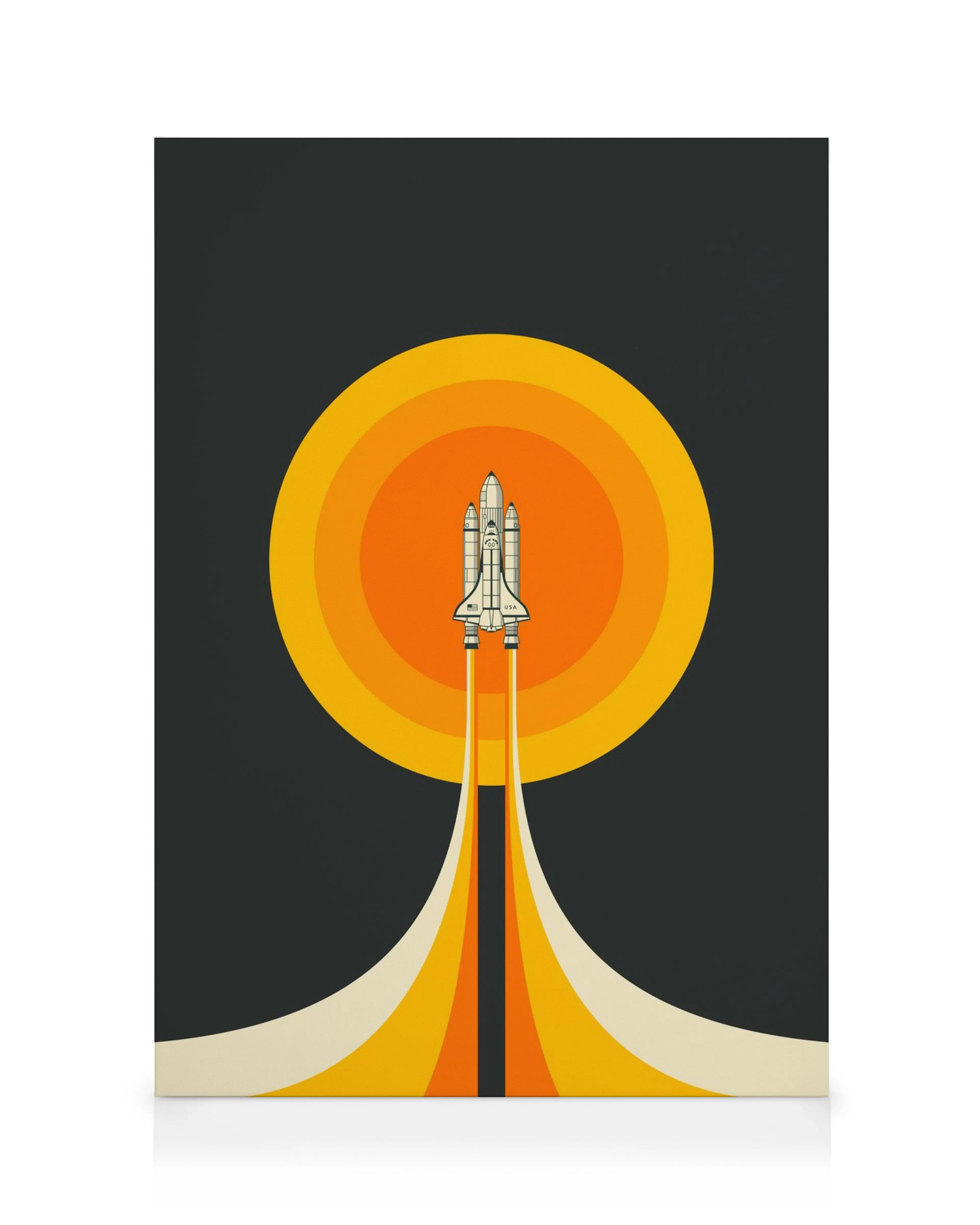 Retro canvas met spaceshuttle tegen oranje zonsondergang en concentrische cirkels, moderne kunst.