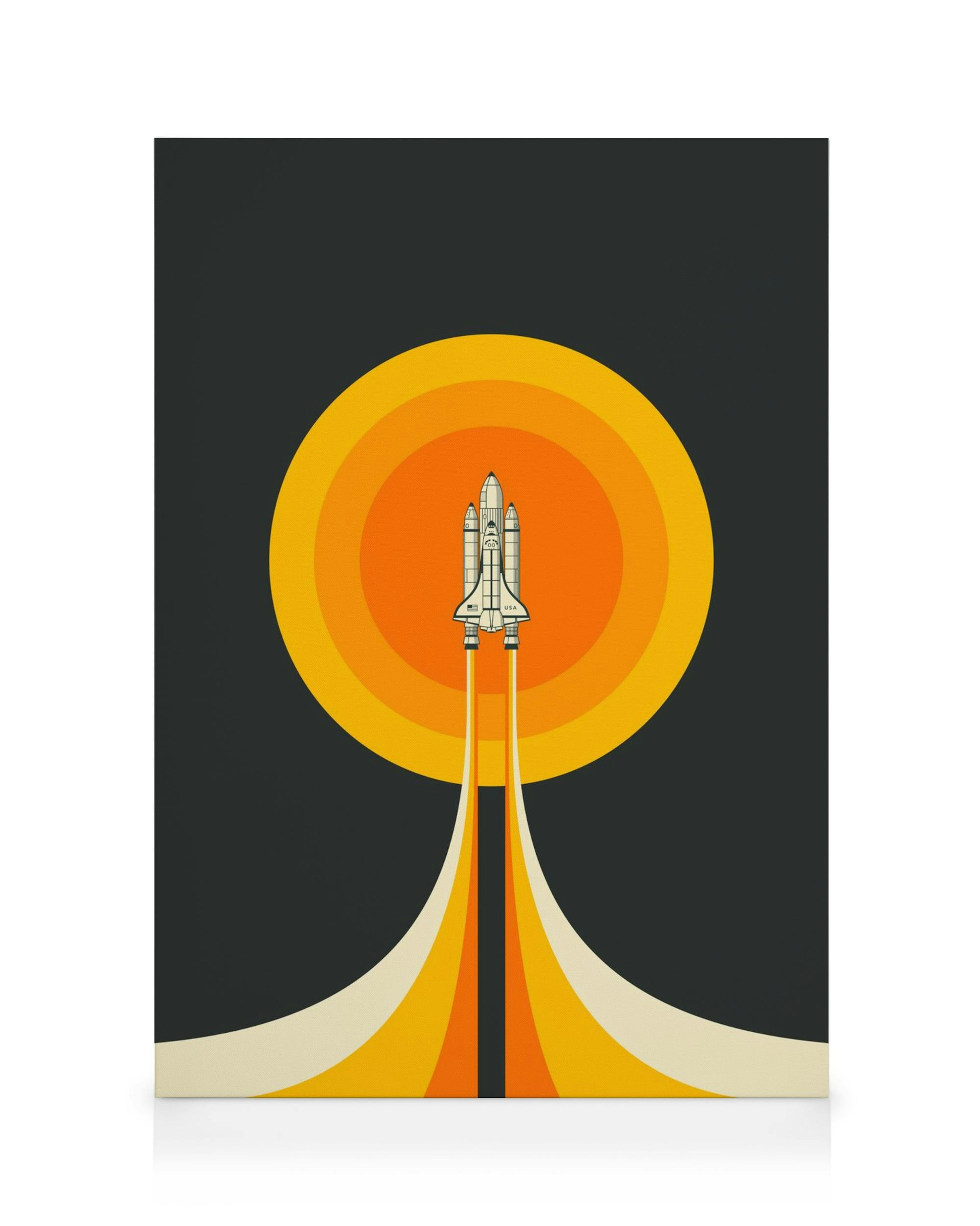 Toile minimaliste dune navette spatiale décollant devant un coucher de soleil orange rétro avec des cercles concentriques