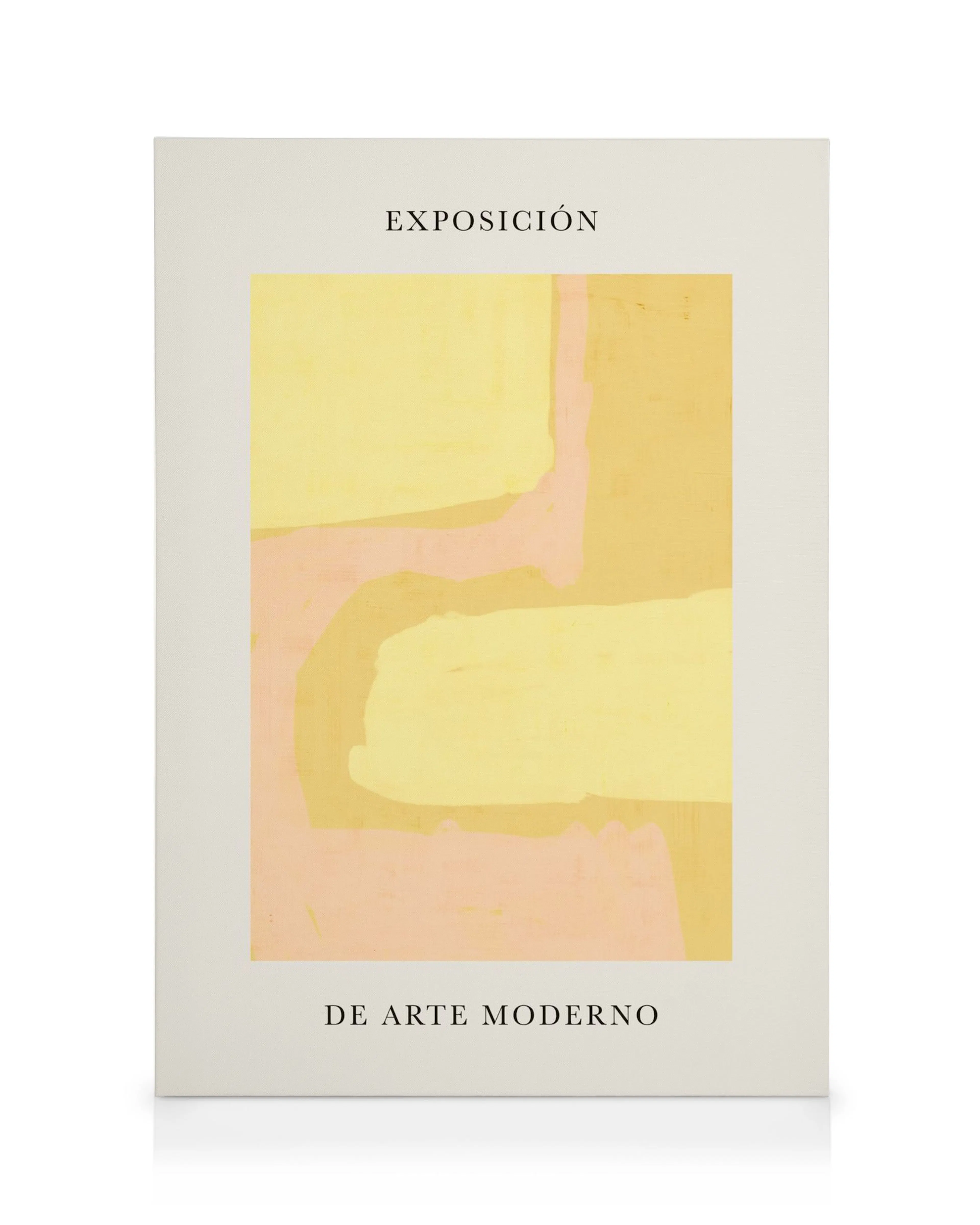 Leinwand Exposición No3 mit abstrakten gelben, orangen und rosa Formen, die sich überlappen.
