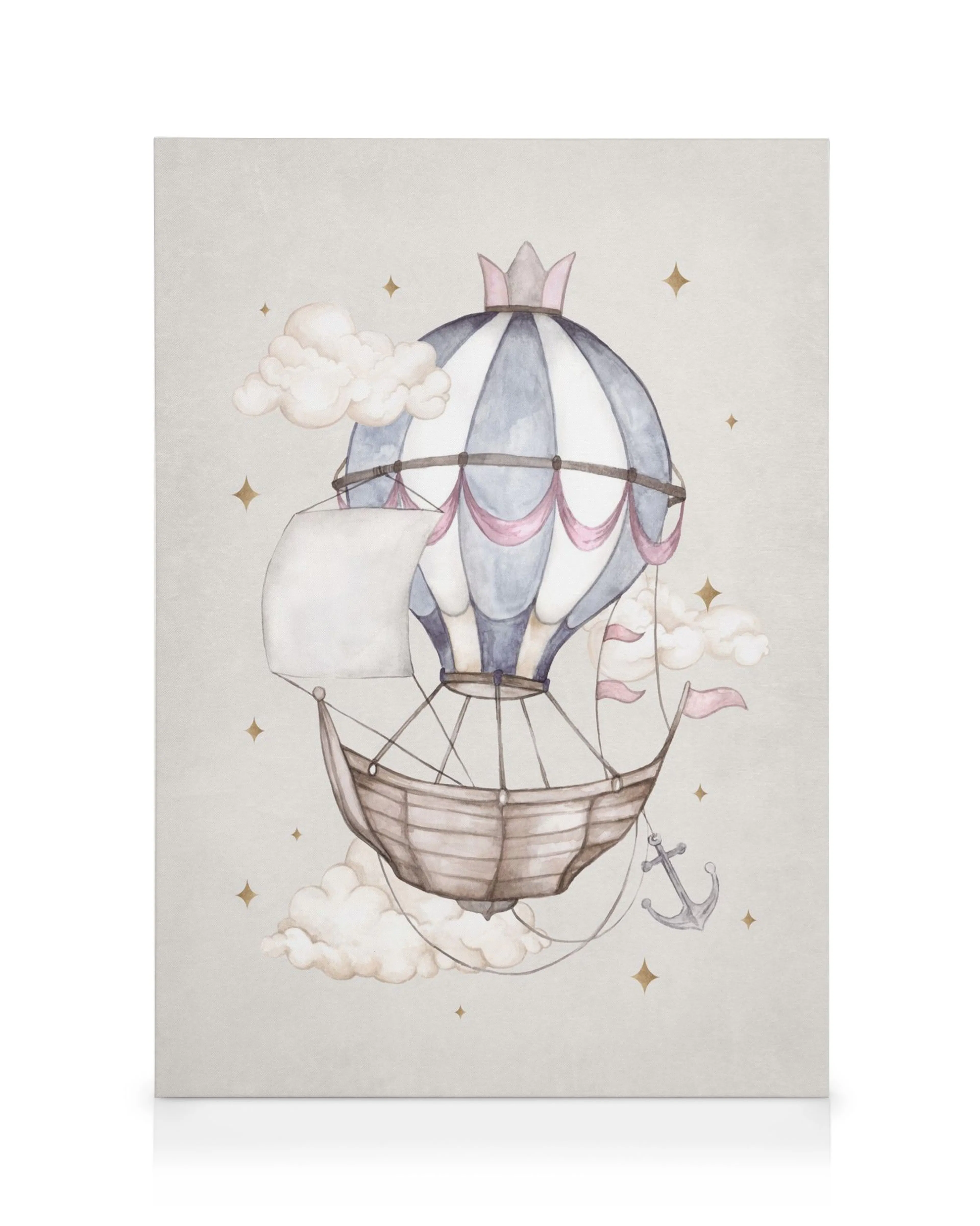 Canvas print of a blue and white striped hot air balloon with pink details, clouds, gold stars, and a brown boat.