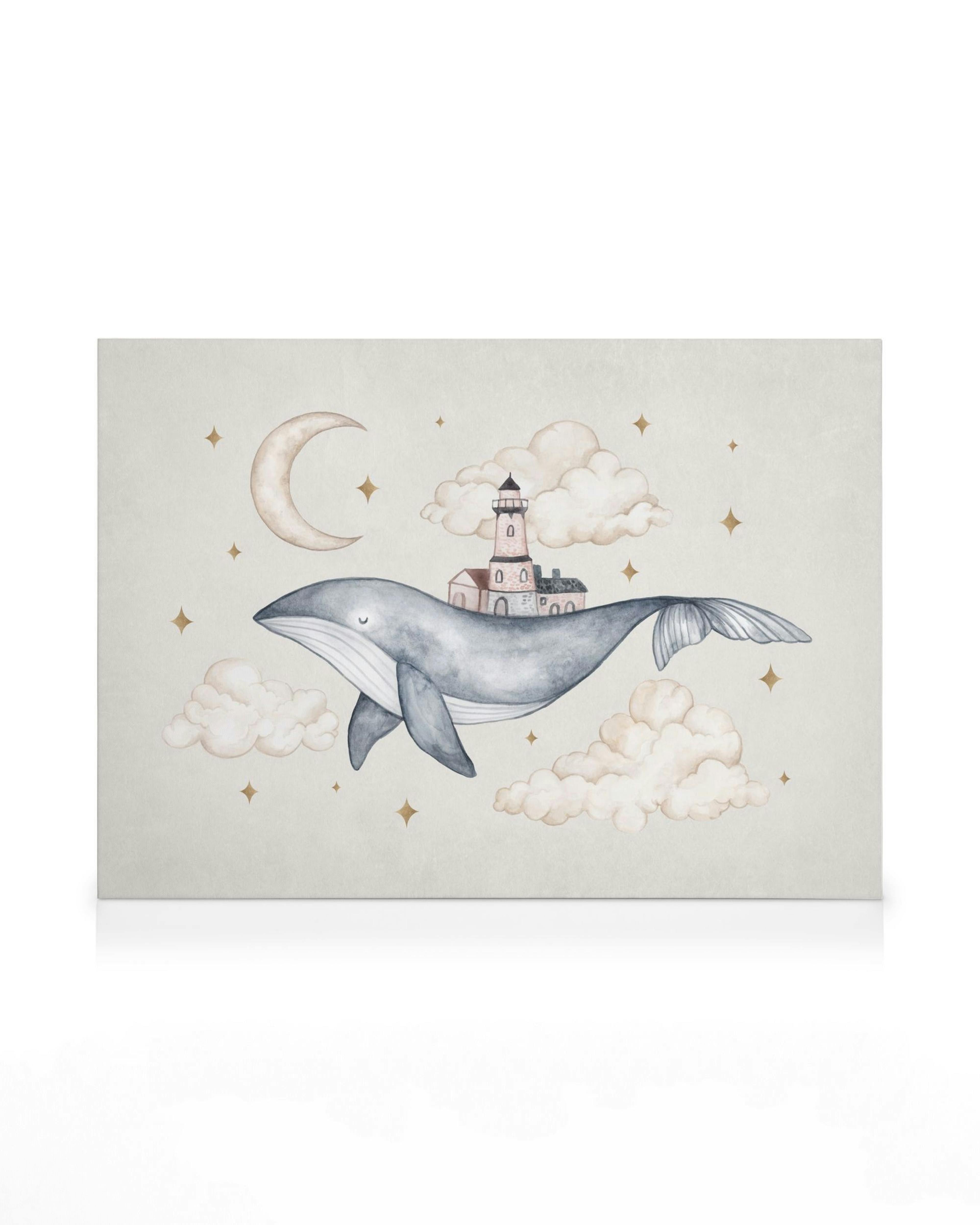 Dream Away No2 canvas print: A whimsical whale with a lighthouse on its back, flying through clouds under a crescent moon, golde