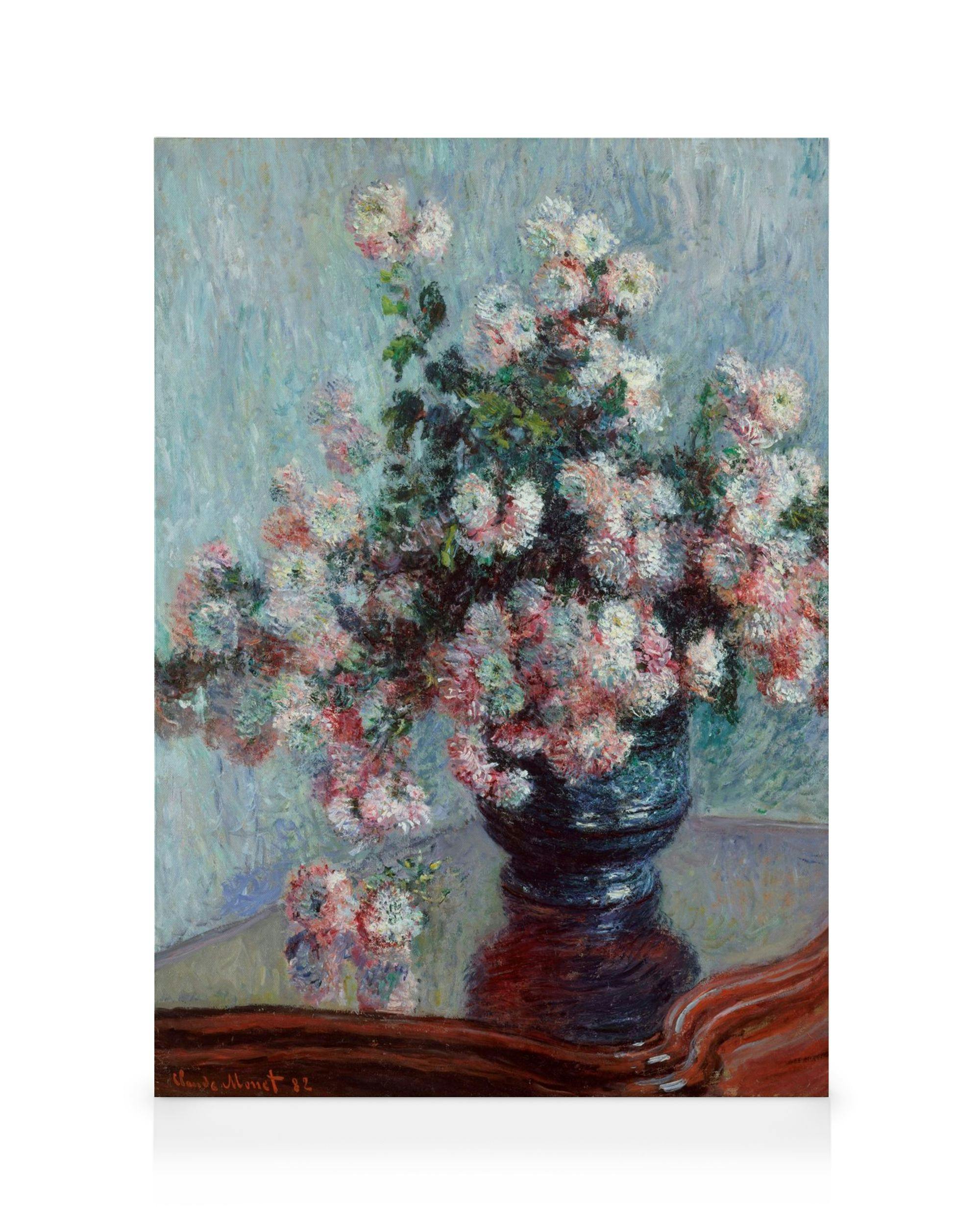 Monets Chrysanthemums Still Life, an Impressionist oil painting of a vibrant floral bouquet in a dark vase