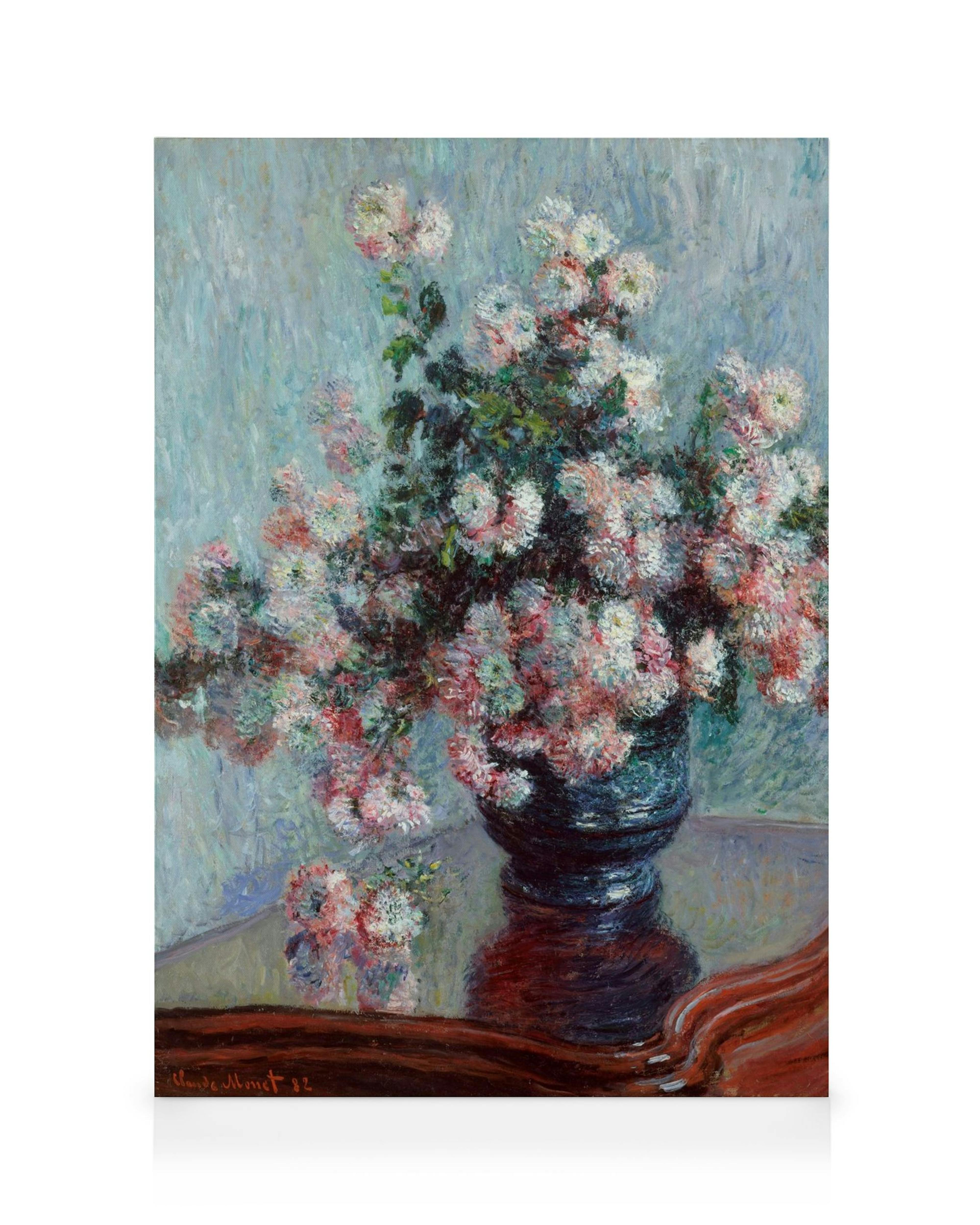 Monets Chrysanthemums Still Life, an Impressionist oil painting of a vibrant floral bouquet in a dark vase