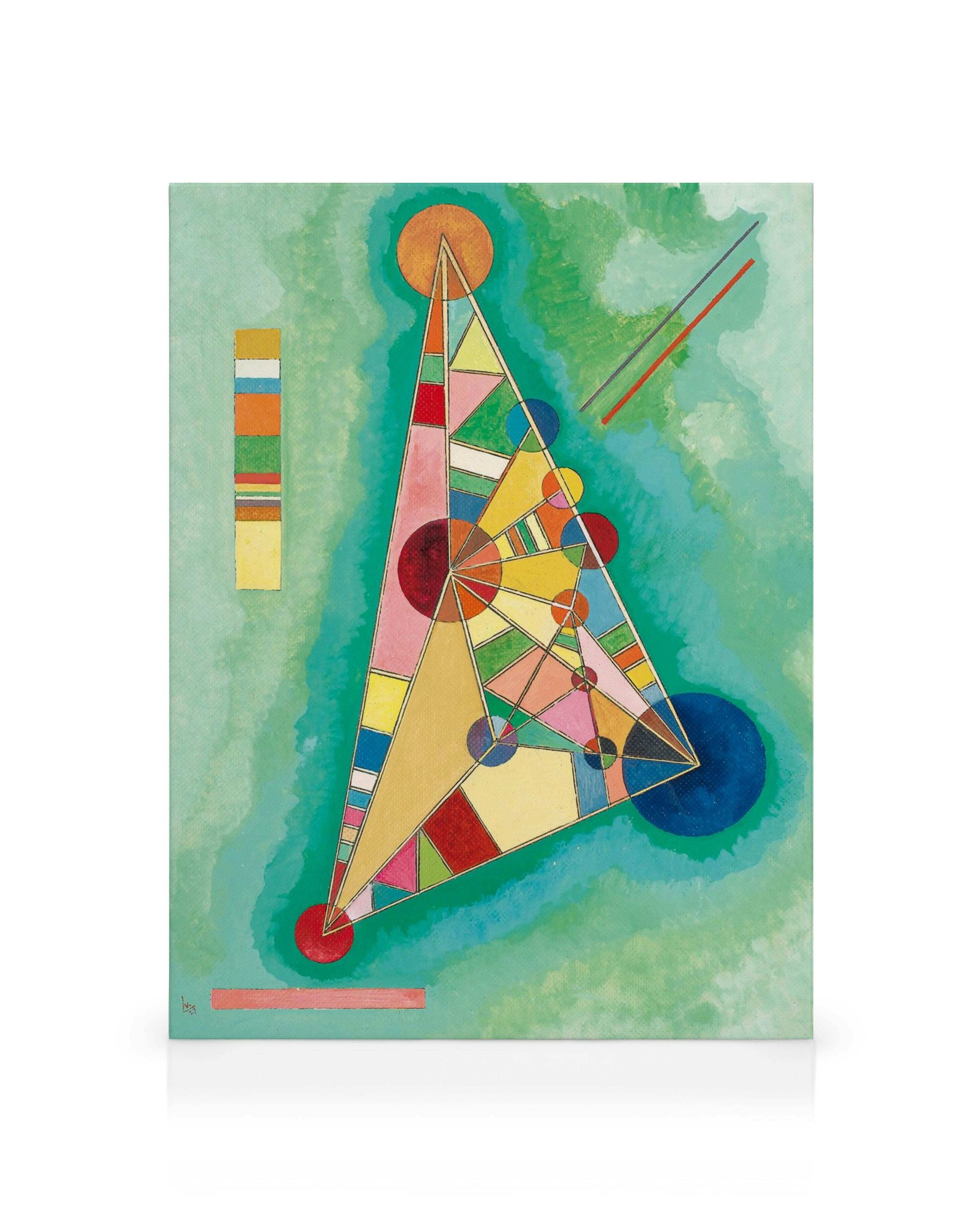 Kandinsky Leinwandbild, abstraktes Dreieck in leuchtenden Farben auf grünem Grund, geometrische Formen und Kreise.
