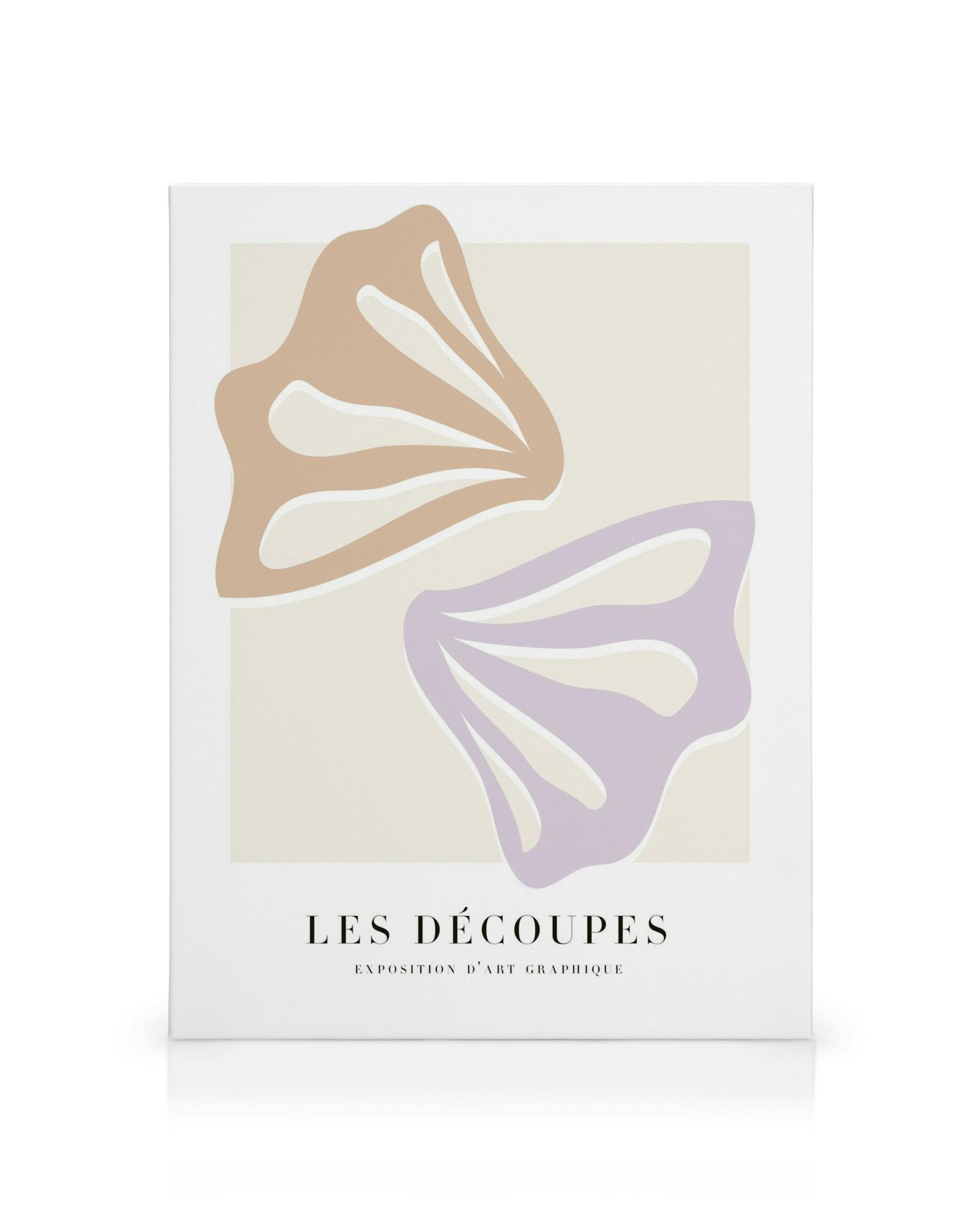 Toile Découpes No2, deux formes abstraites marron et violet sur fond beige, typographie noire.