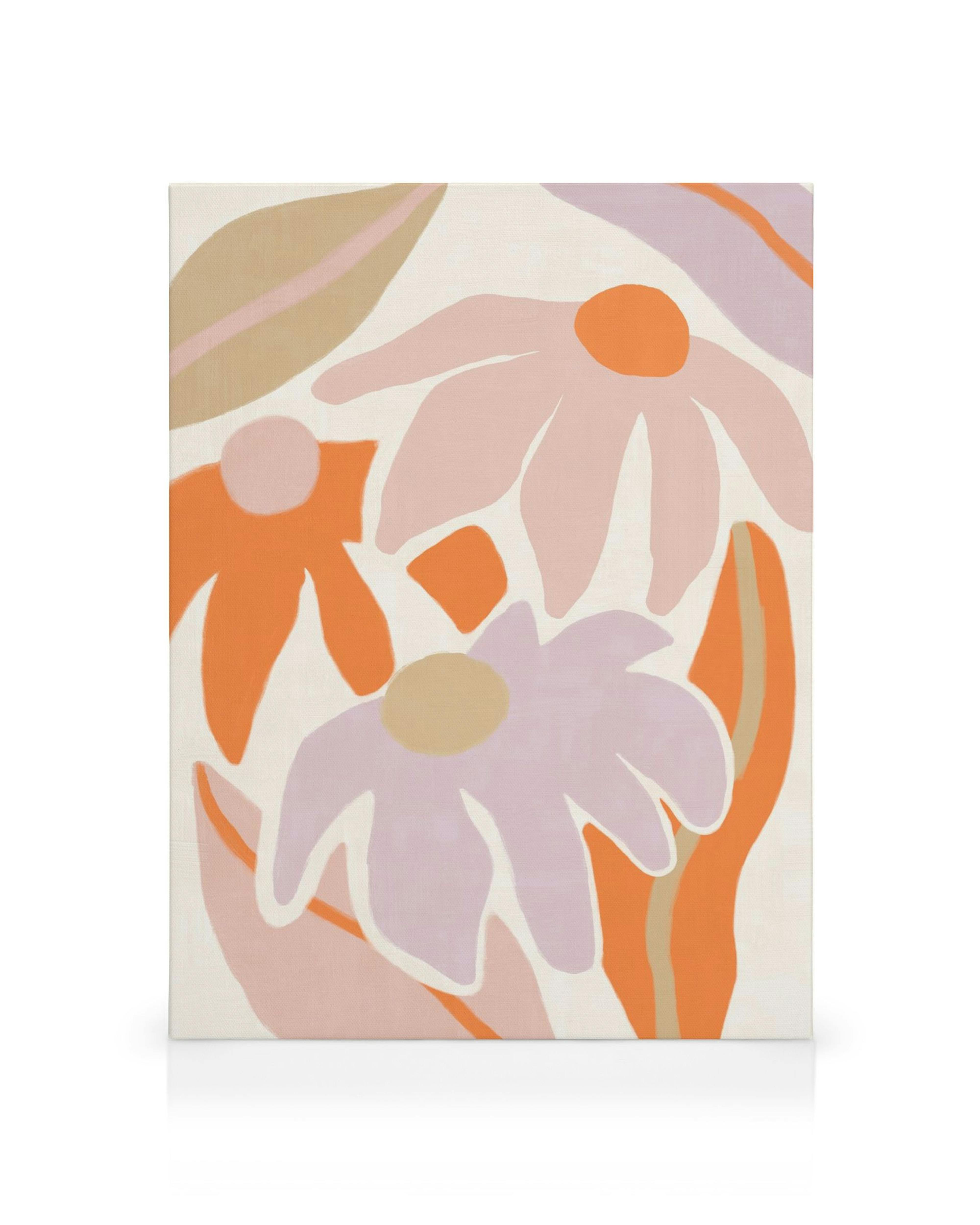 Leinwandbild Flowerbed: abstrakte Blumen in Pastellfarben, weiche Formen, orange und lila Blüten, moderne Pflanzenkunst.