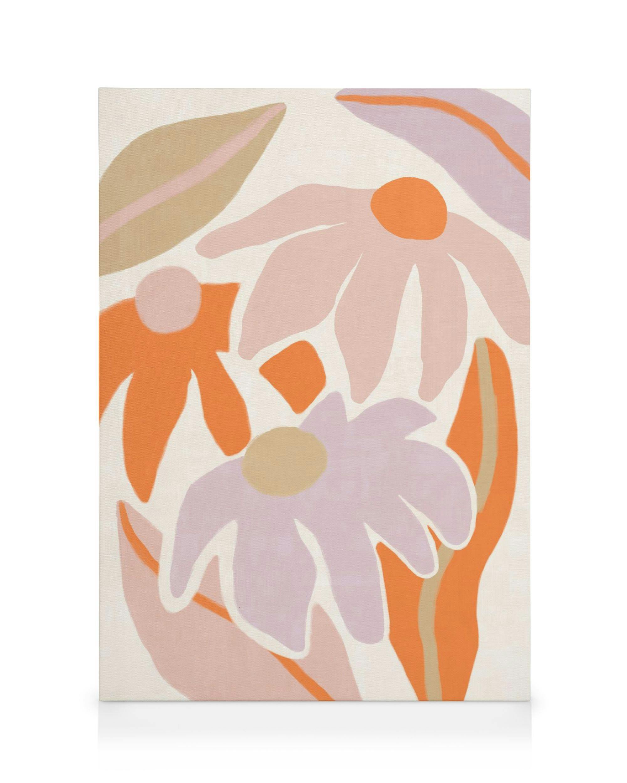 Kanvaasitaulu, jossa on tyylitellyt kukat ja lehdet. Värit ovat vaaleanpunainen, oranssi ja beige.