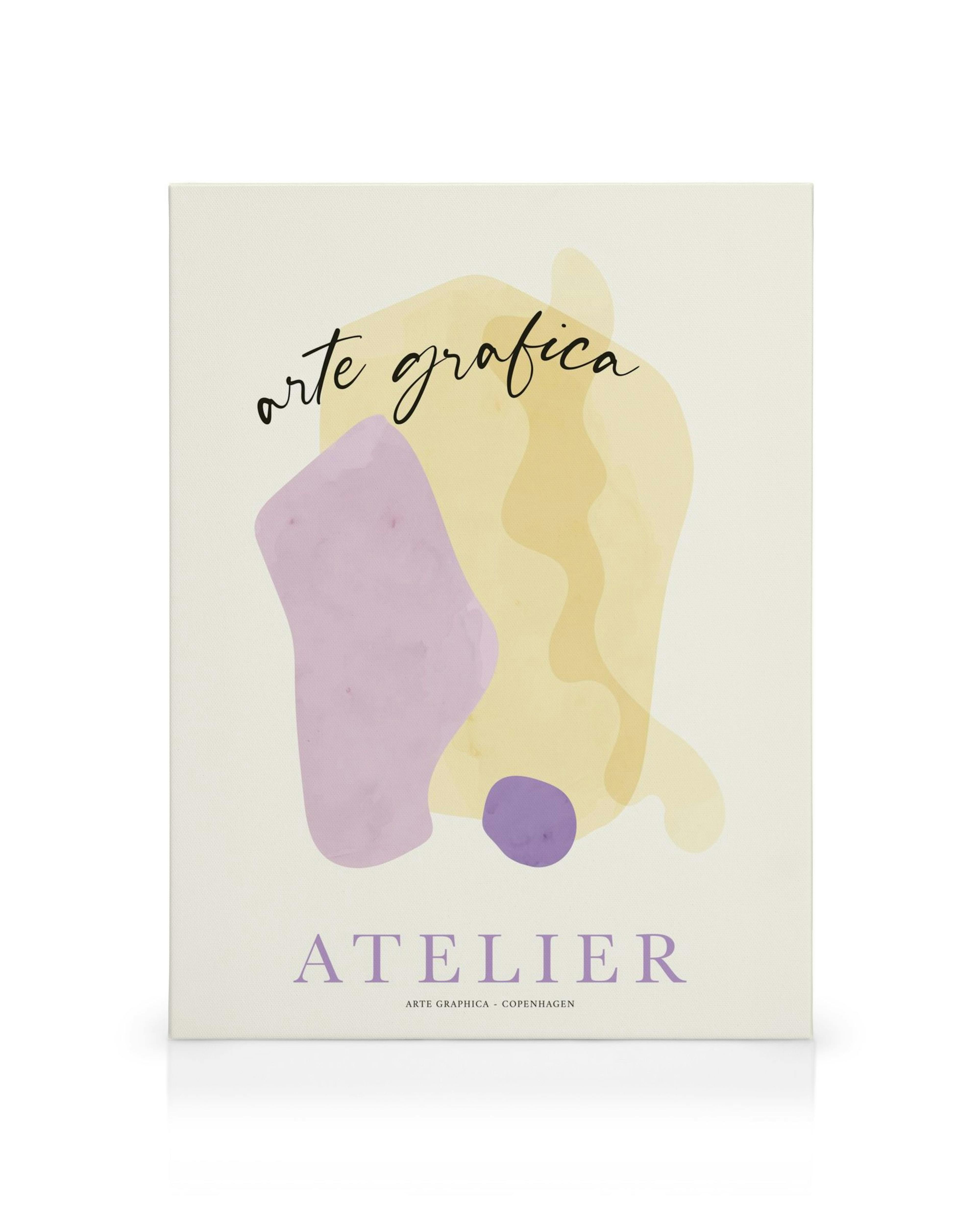 Abstract canvas print with soft yellow, purple, and cream shapes on a white background, perfect wall art.