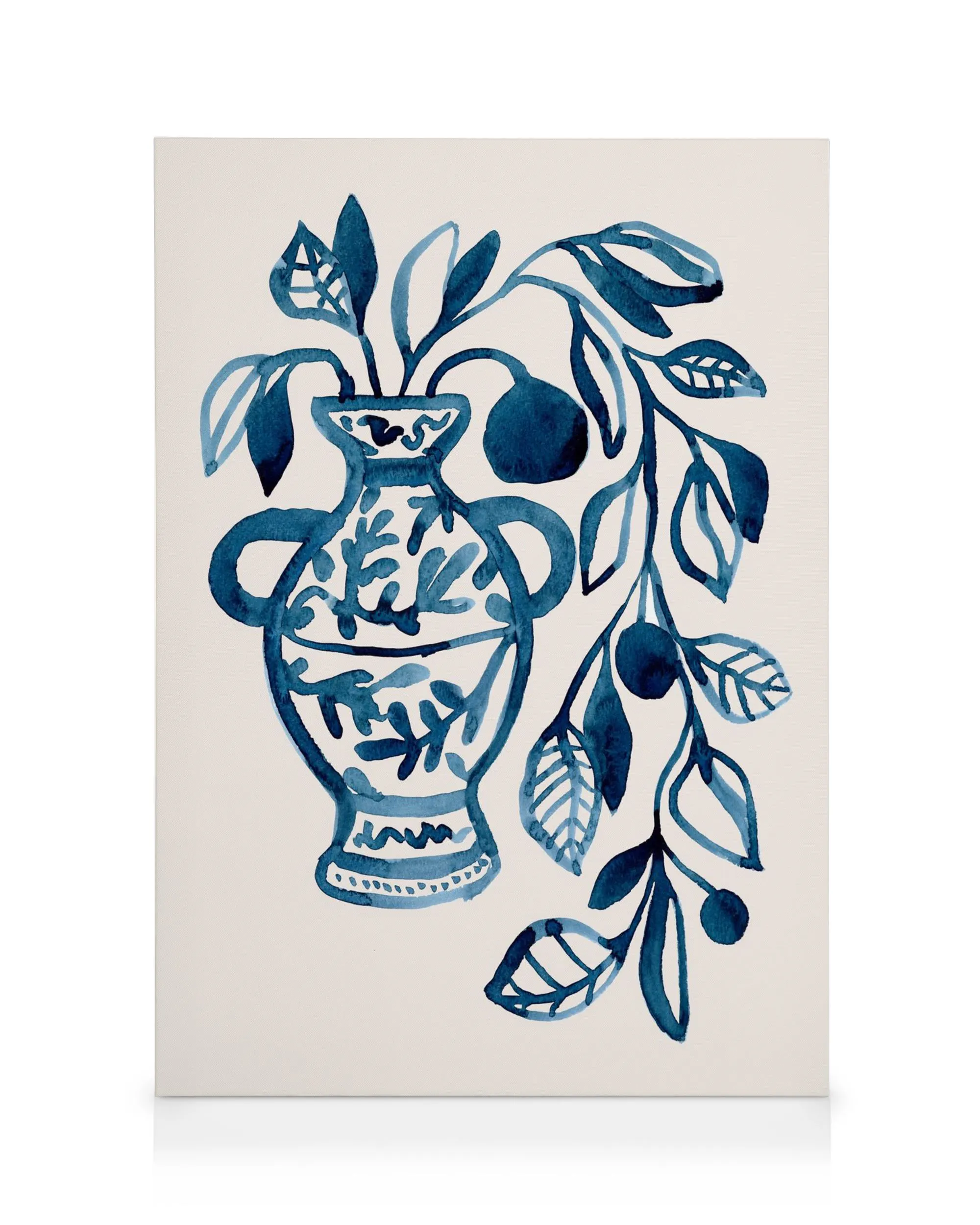 Blue and white watercolor painting of a decorative vase with intricate patterns, holding plants and fruit. Canvas print wall art