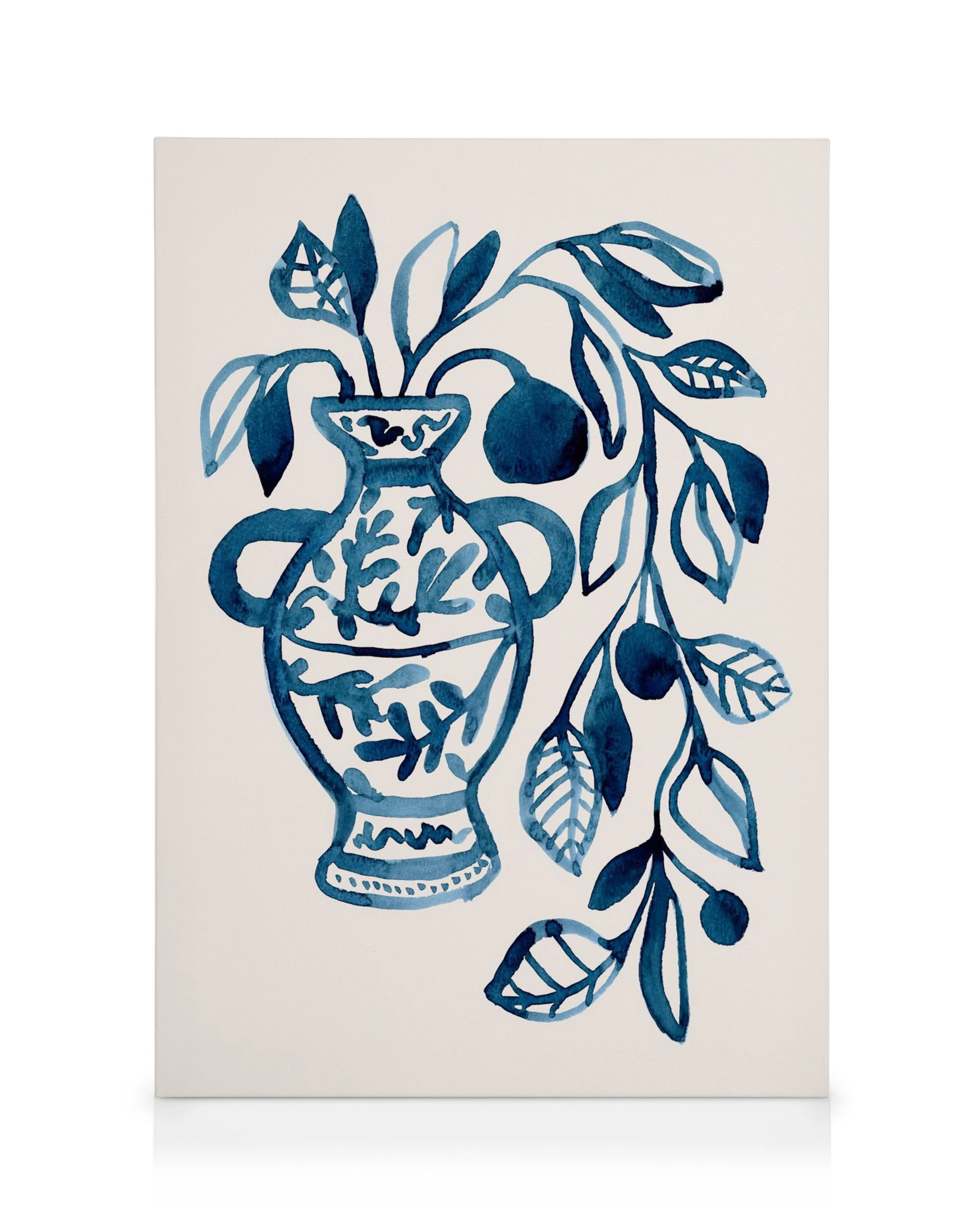Blue and white watercolor painting of a decorative vase with intricate patterns, holding plants and fruit. Canvas print wall art