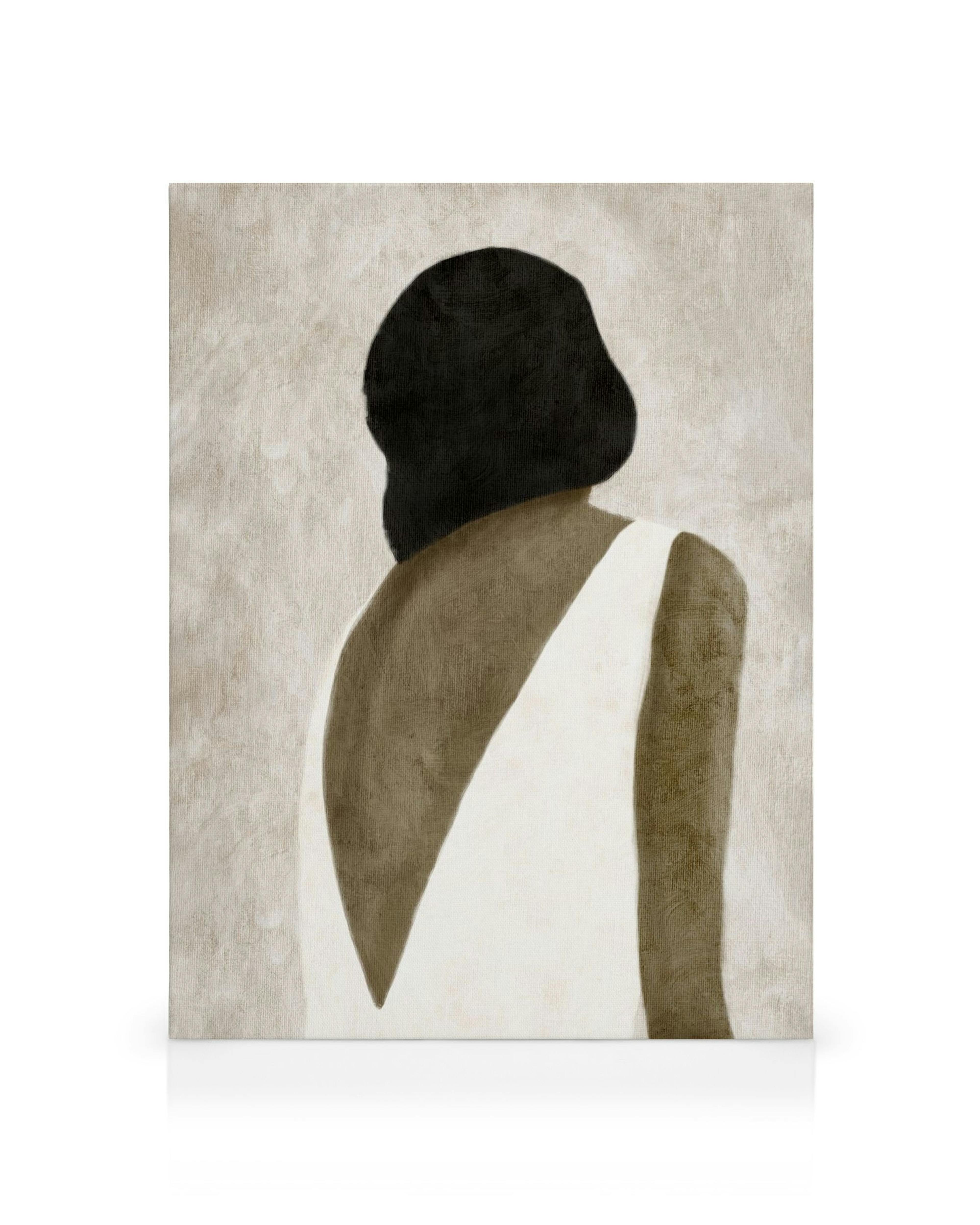 Canvas print met een persoon in een witte jurk en donker haar, van achteren gezien, tegen een beige achtergrond.