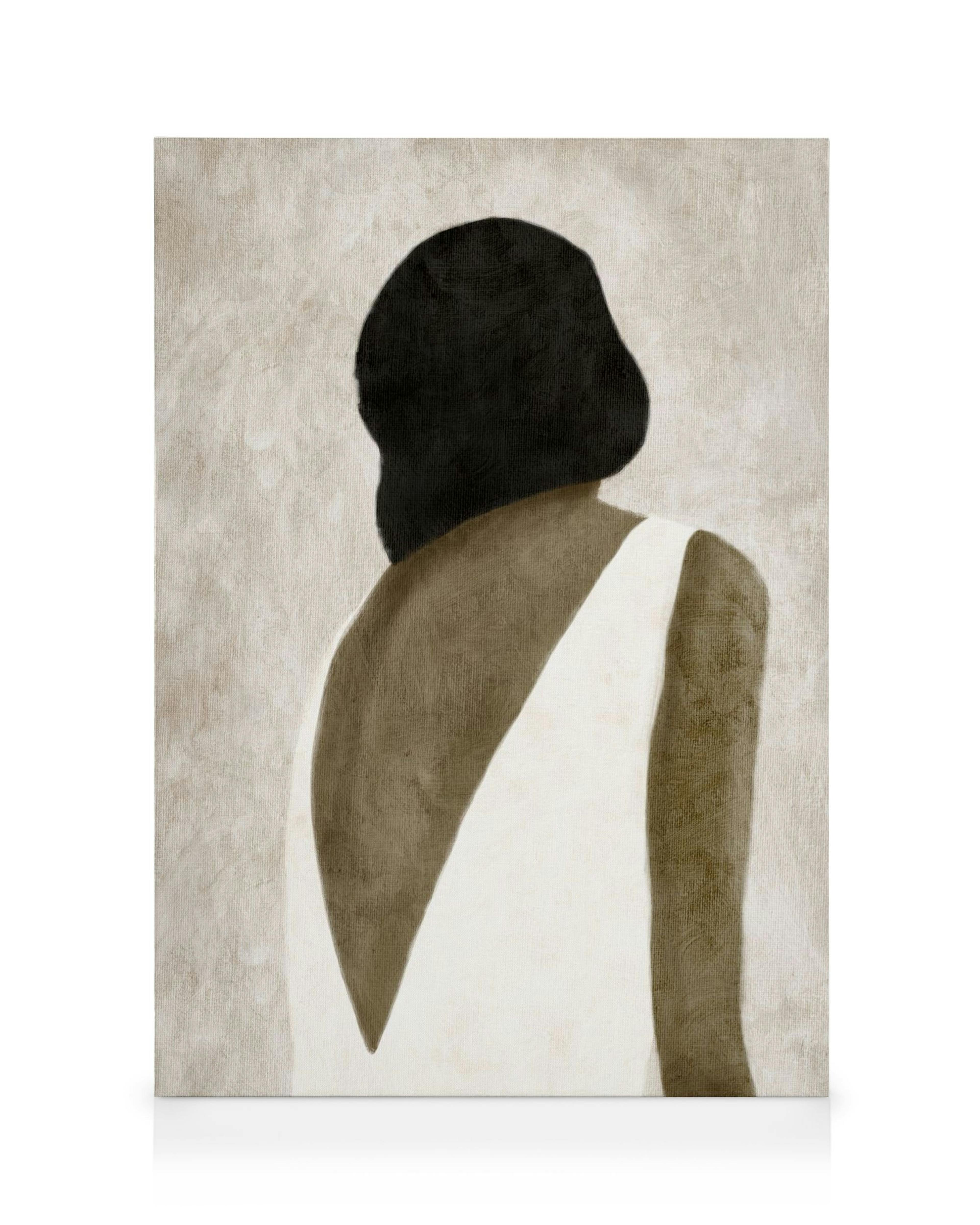 Abstract portrait canvas print: woman with black hair, brown back, and white dress, neutral tones.