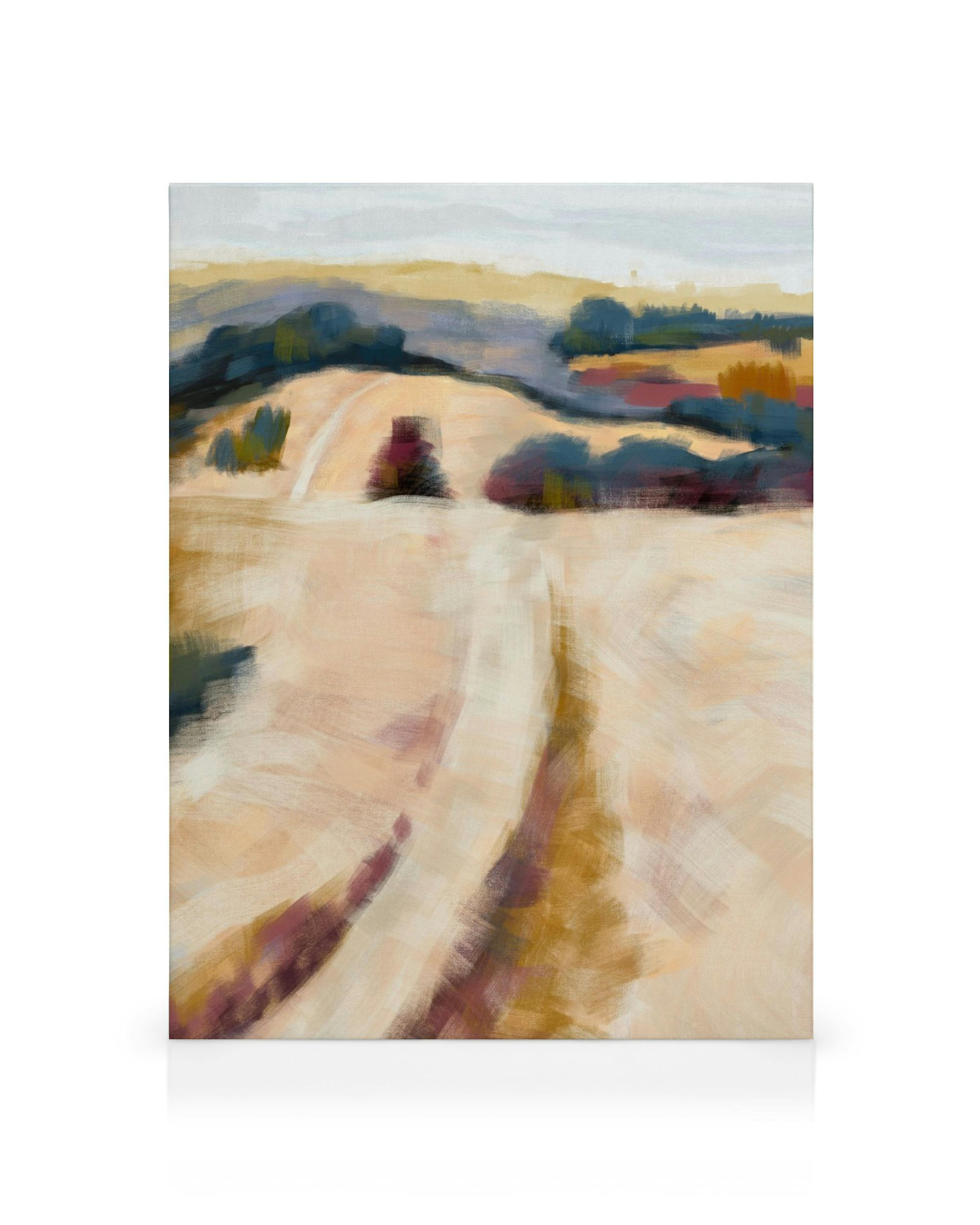 Abstraktní krajina s poli a kopci v zemitých tónech a modrých keřích, malba štětcem.