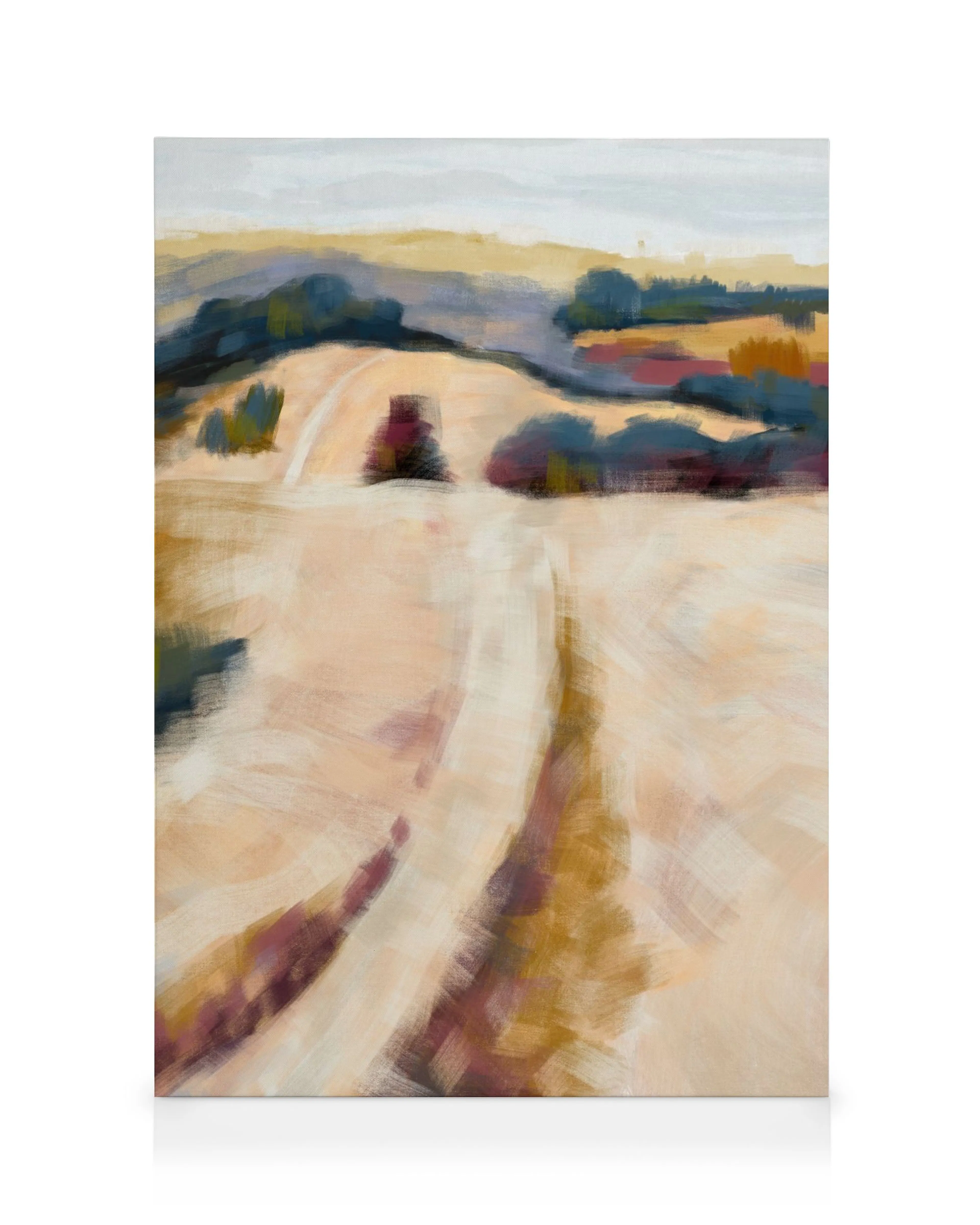 Abstract landscape canvas print with broad brushstrokes in yellow, beige, blue, and red tones.