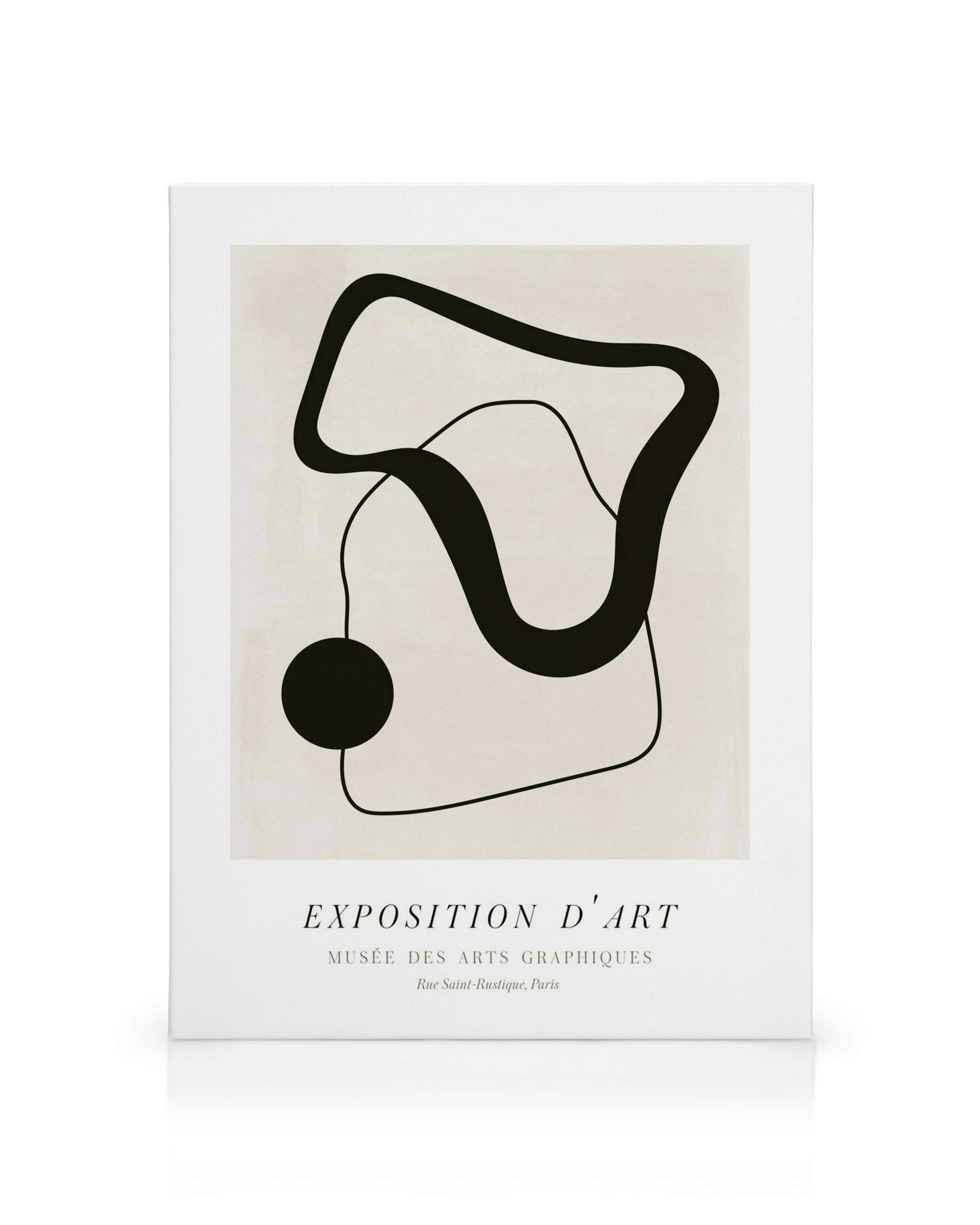 Svartvit grafisk konst på kanvas. Tjocka, abstrakta linjer som bildar mönster och en svart cirkel framträder mot en ljus bakgrun