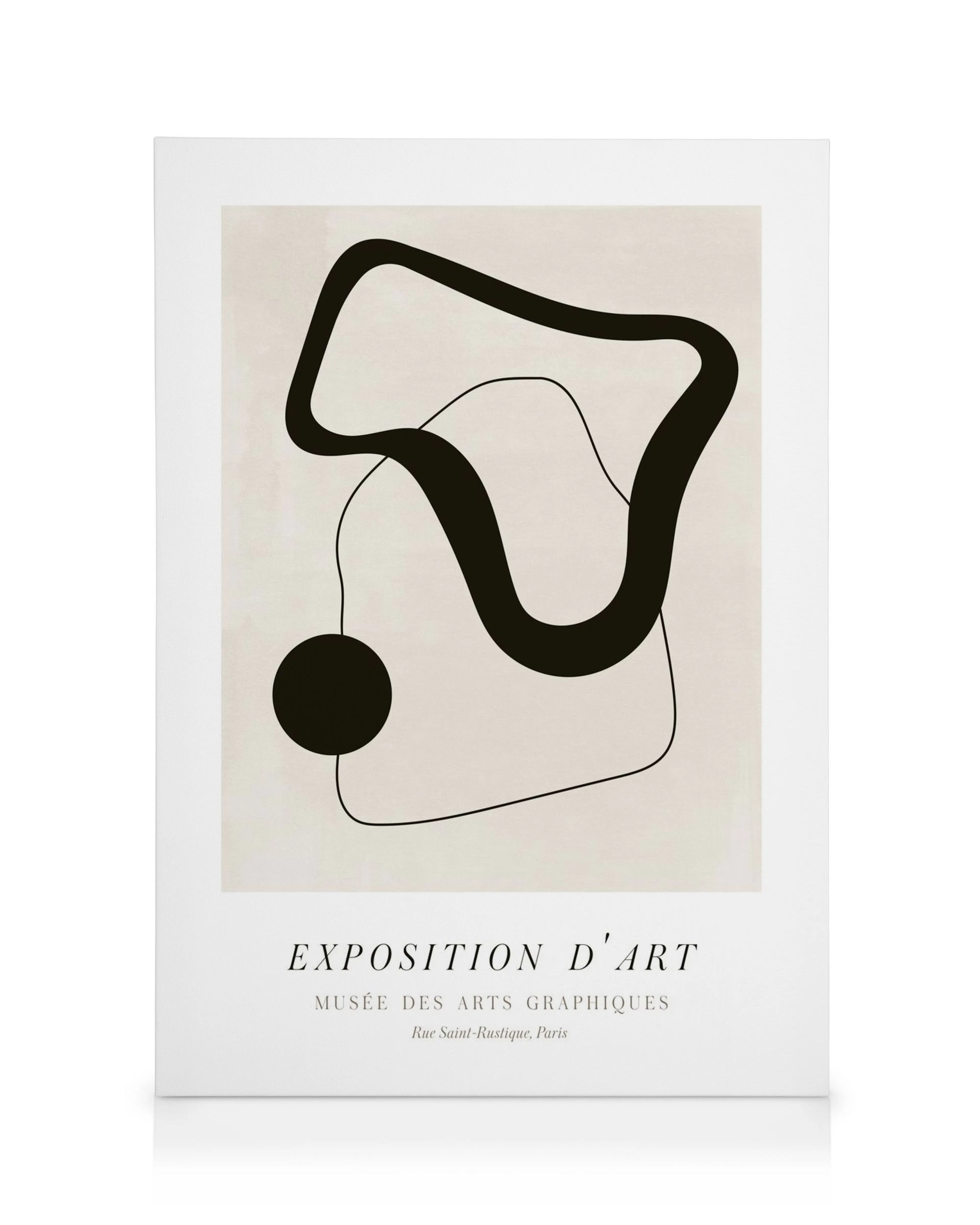 Abstract canvas print with black lines forming a shape on a beige background, featuring a black circle at the bottom.