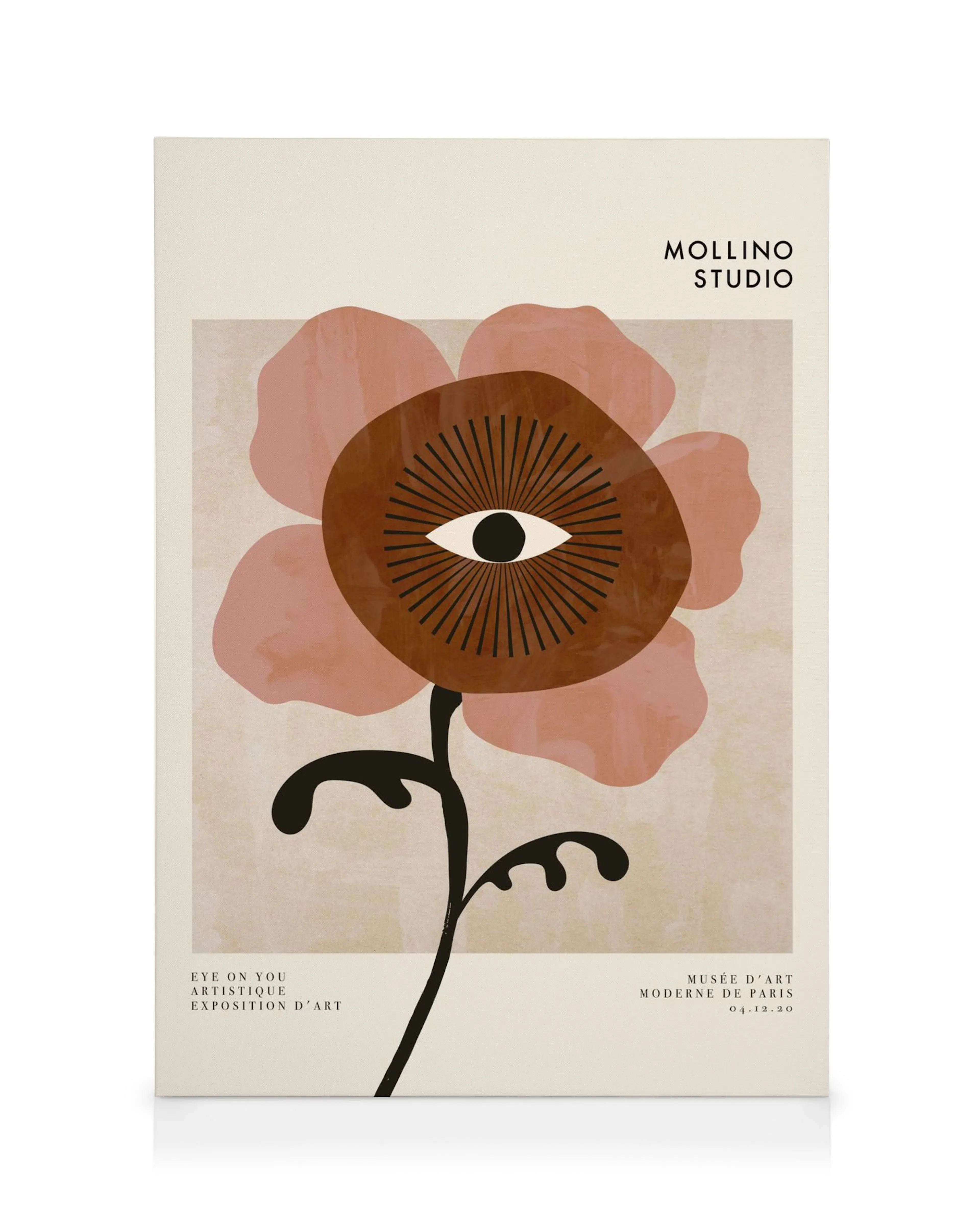 Surrealistisch canvas met bruin-roze bloem en oog in het midden, in rode, bruine en beige tinten.