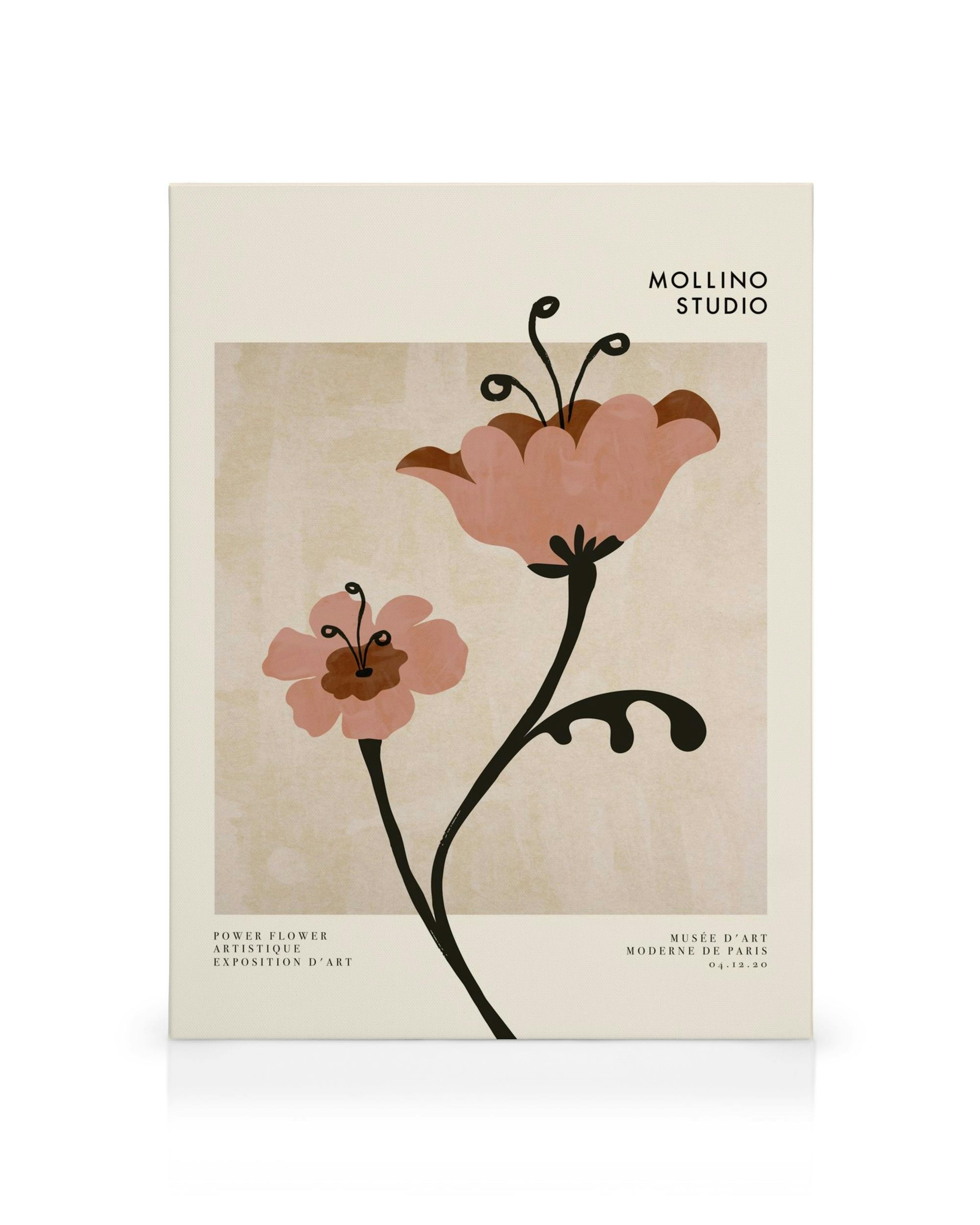 Lienzo Power Flower No2 con dos flores rosas de tallo oscuro sobre un fondo beige texturizado.