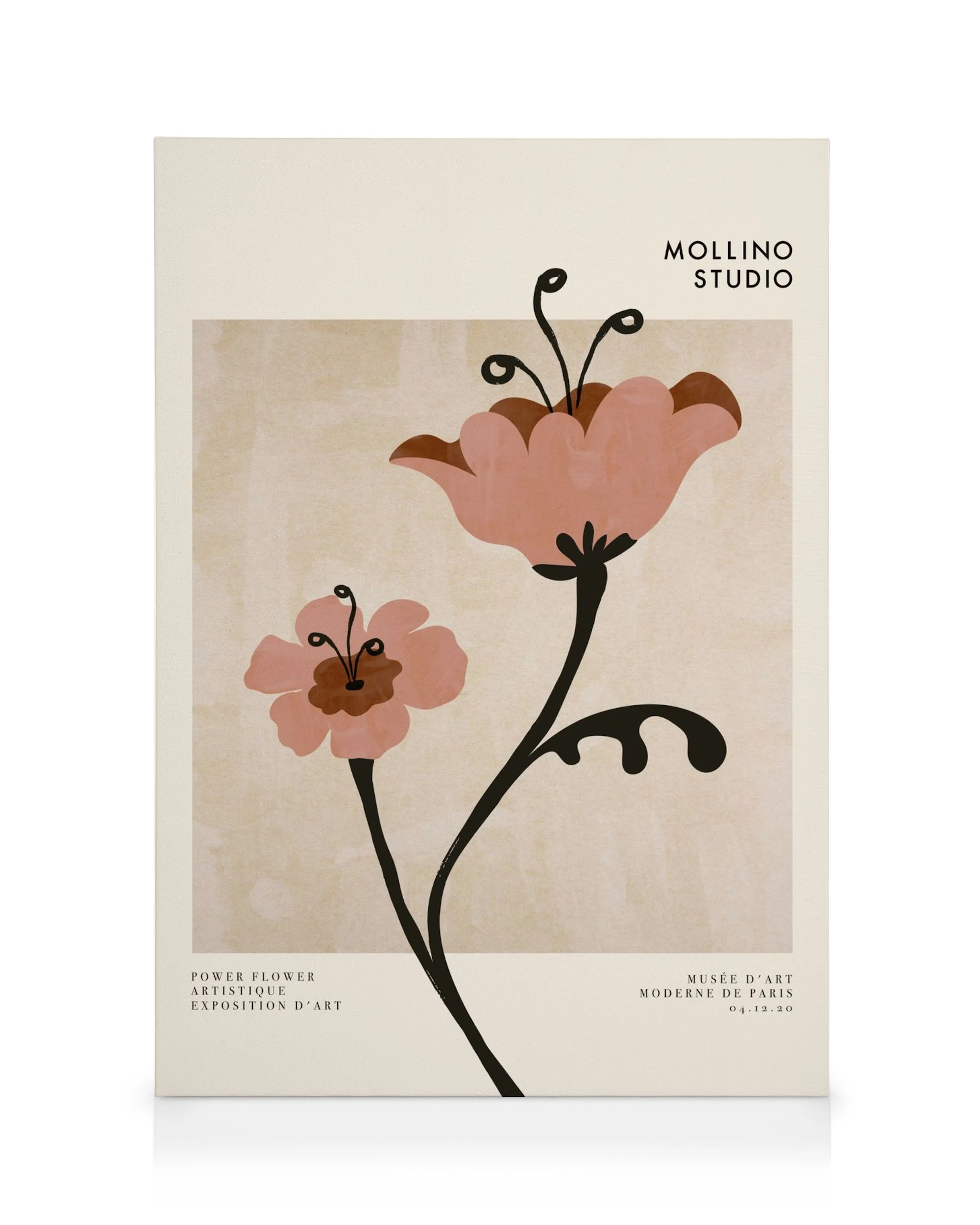 Power Flower No2 canvas print featuring two abstract pink flowers with dark stems on a textured beige background.