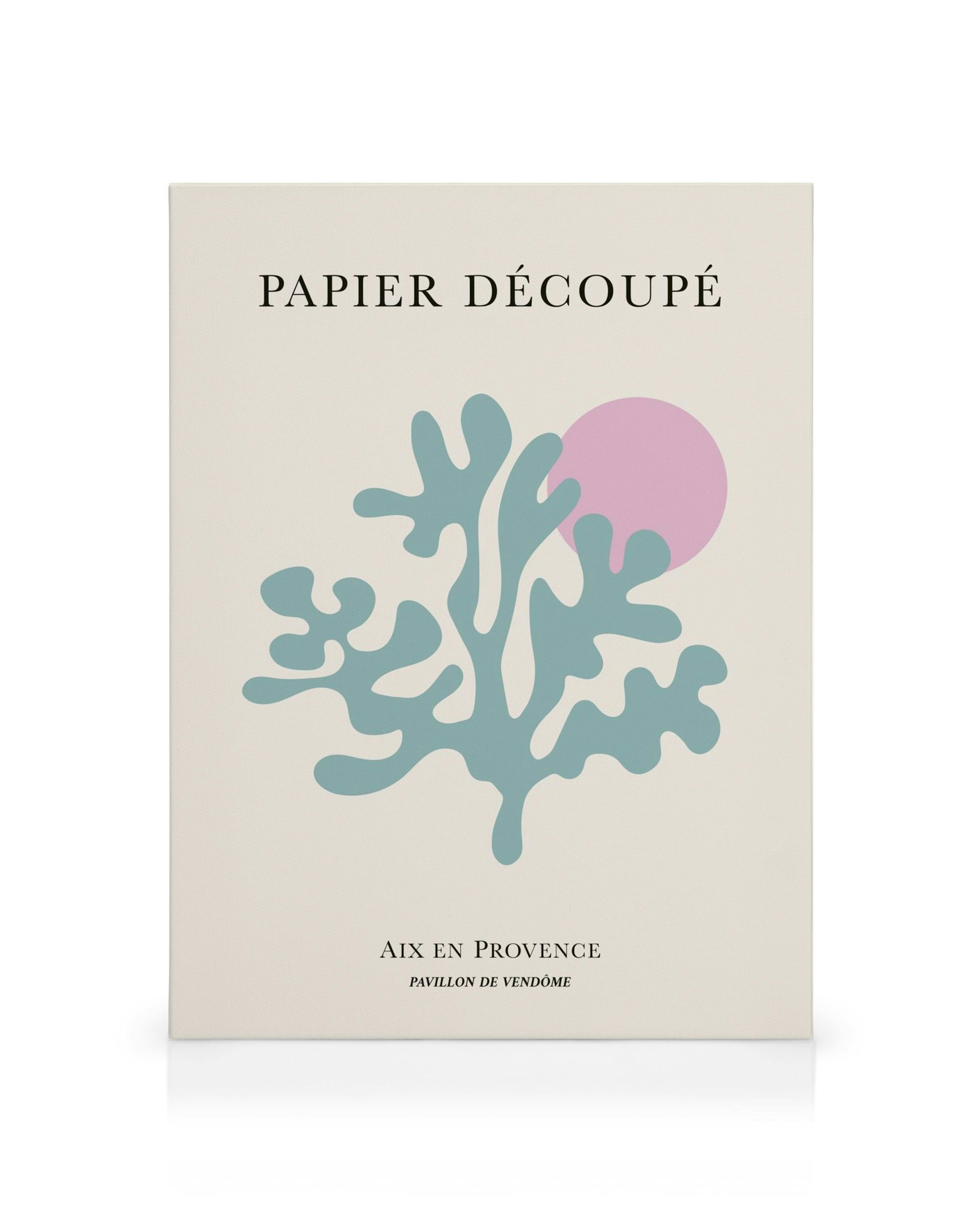 Toile abstraite beige avec forme de corail bleu, cercle rose et texte noir Papier Découpé