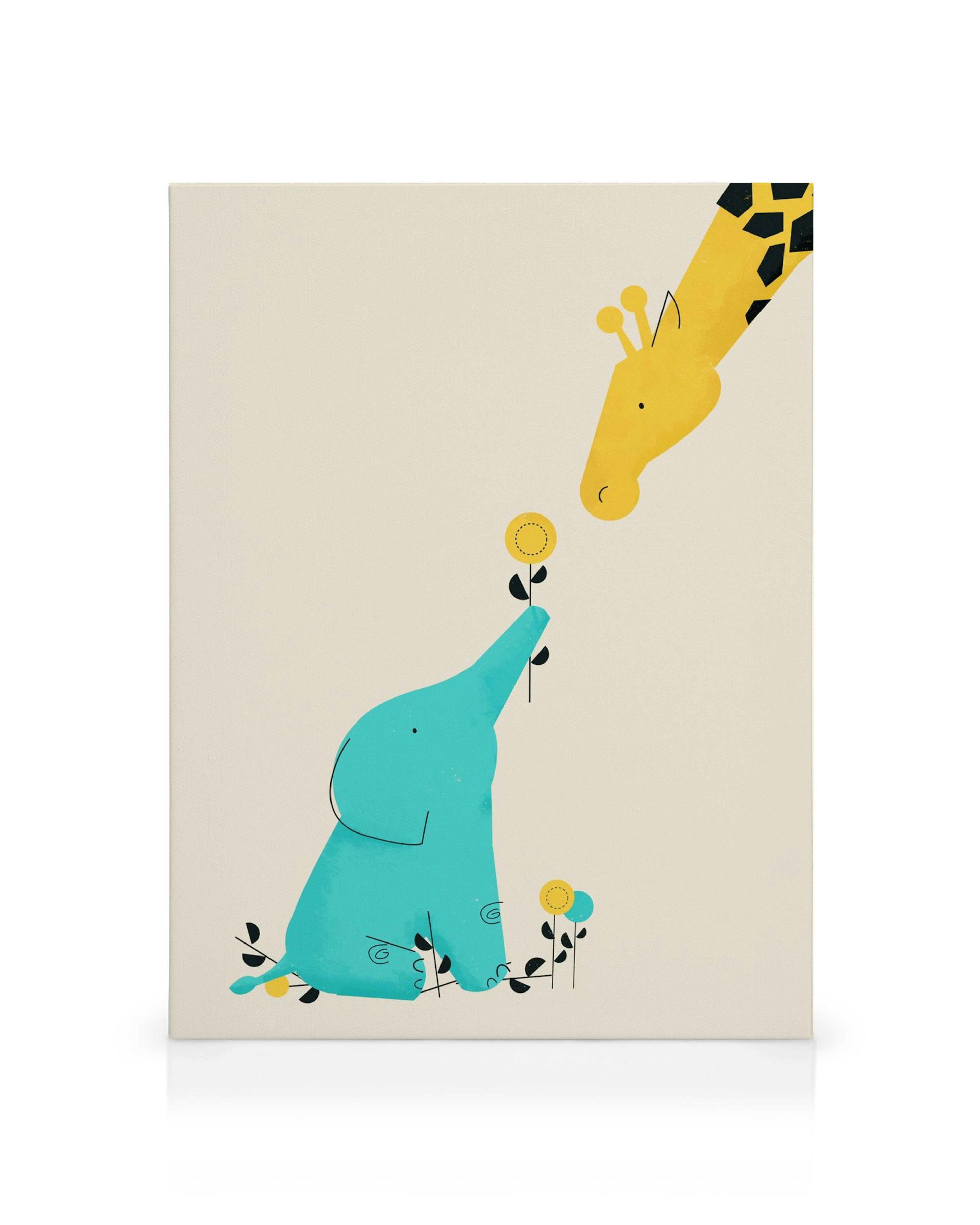 Toile avec éléphant bleu et girafe jaune, style illustration enfantine, sur fond beige clair.
