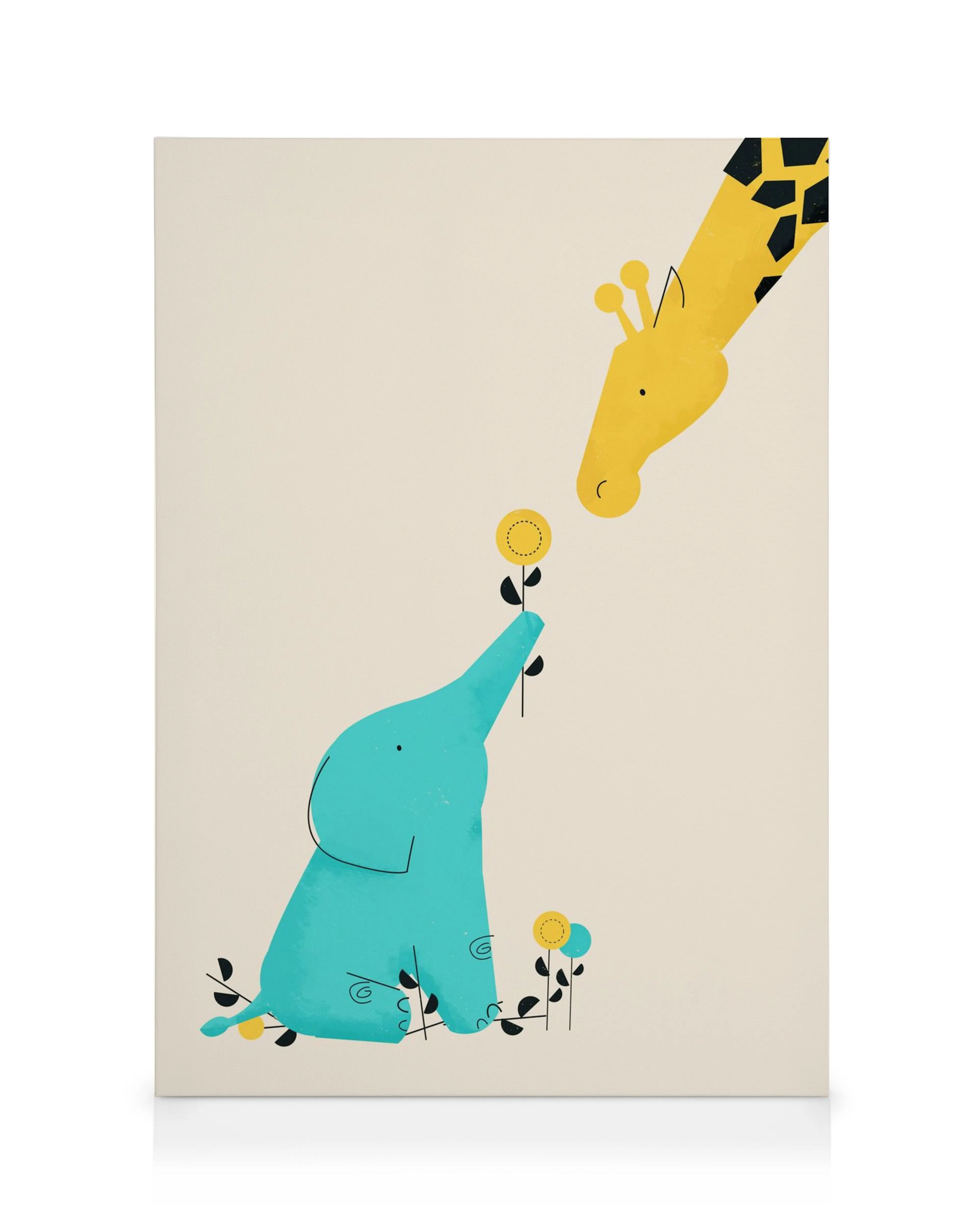 Stampa su tela con elefante blu che offre un fiore a una giraffa gialla, decorazione per la cameretta dei bambini.