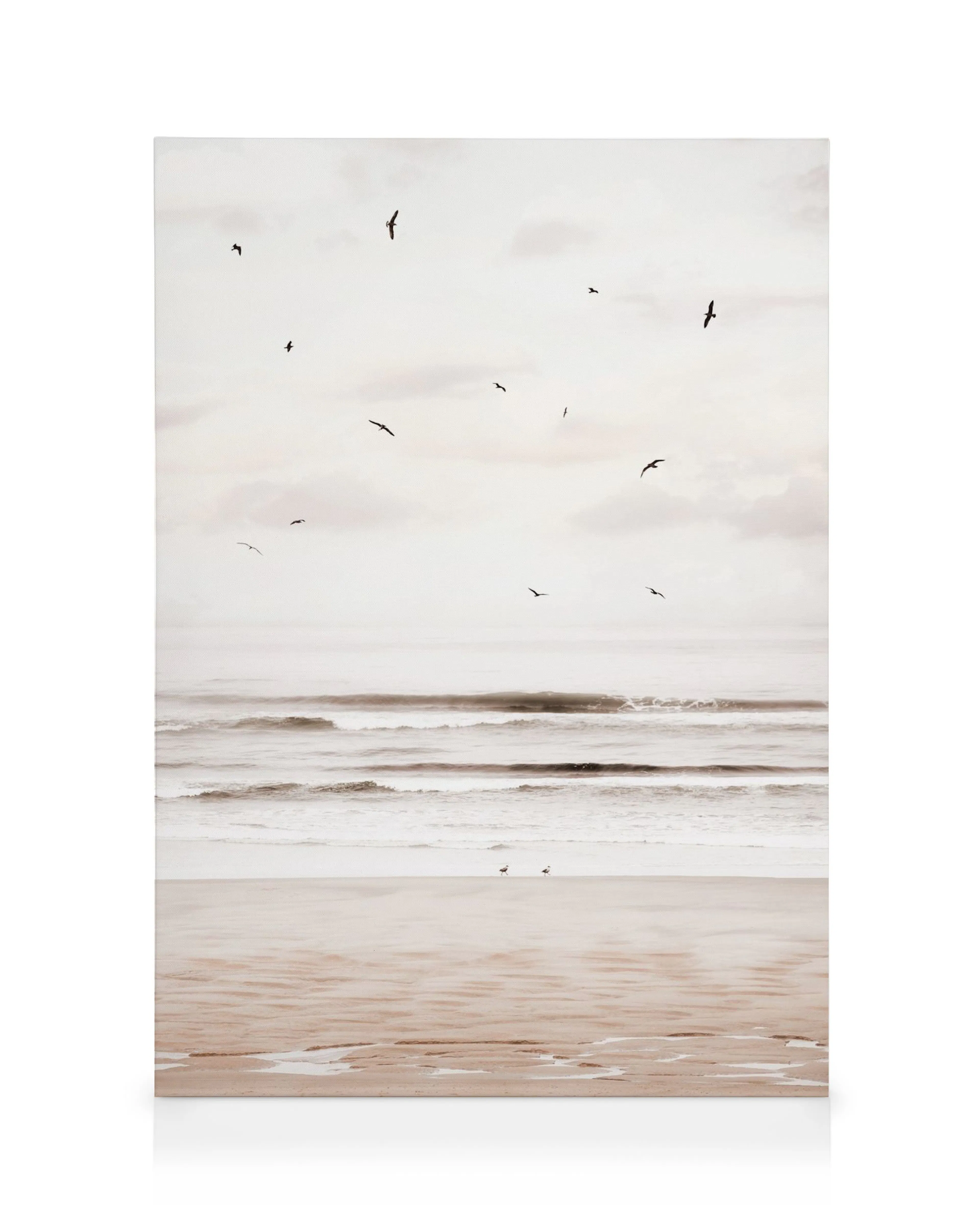 Toile de plage sereine avec ciel pale, océan et oiseaux, dans des tons doux de blanc et brun.