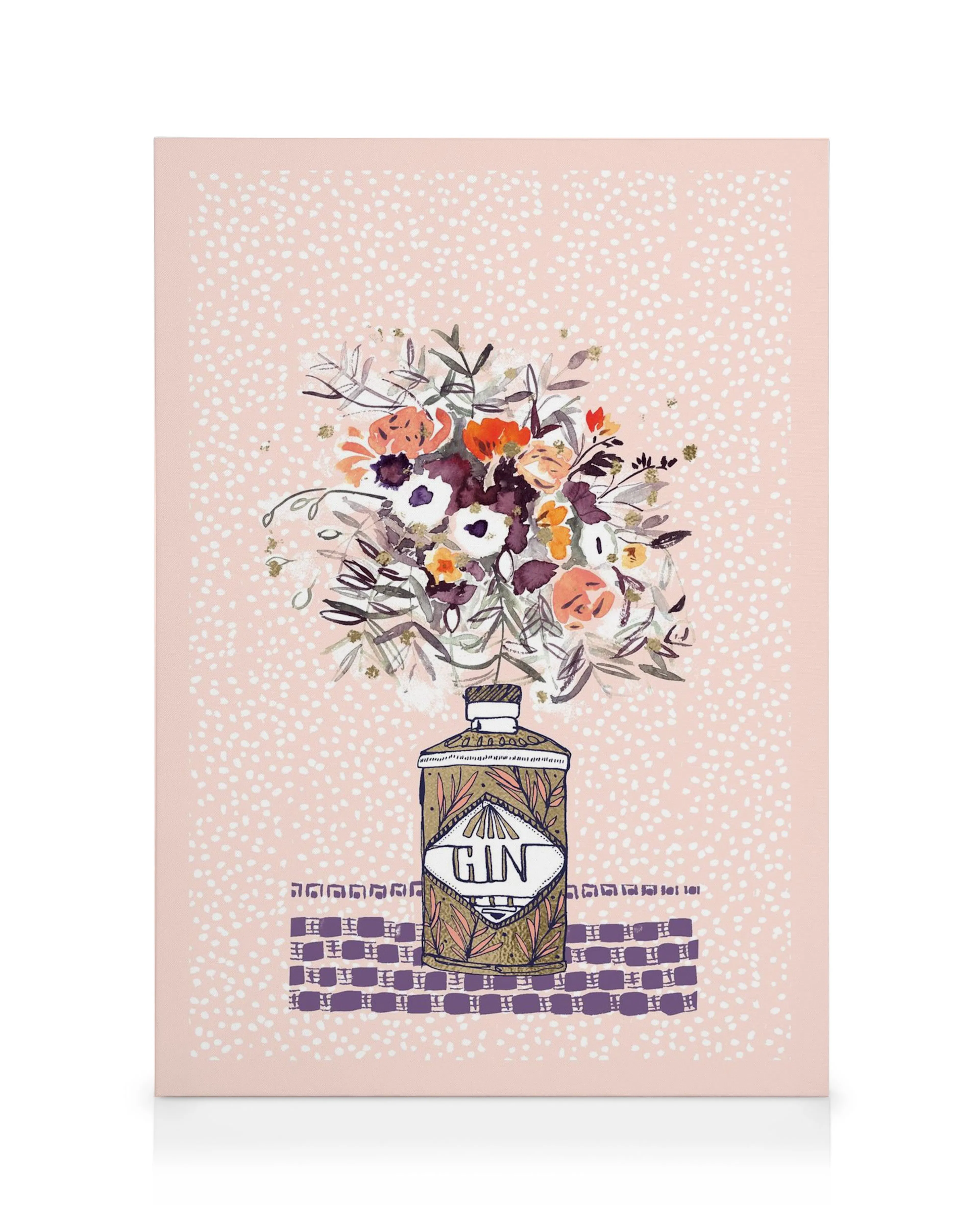 Lienzo con flores de acuarela que brotan de una botella de ginebra con patrones, sobre un fondo rosa punteado. Arte floral decor