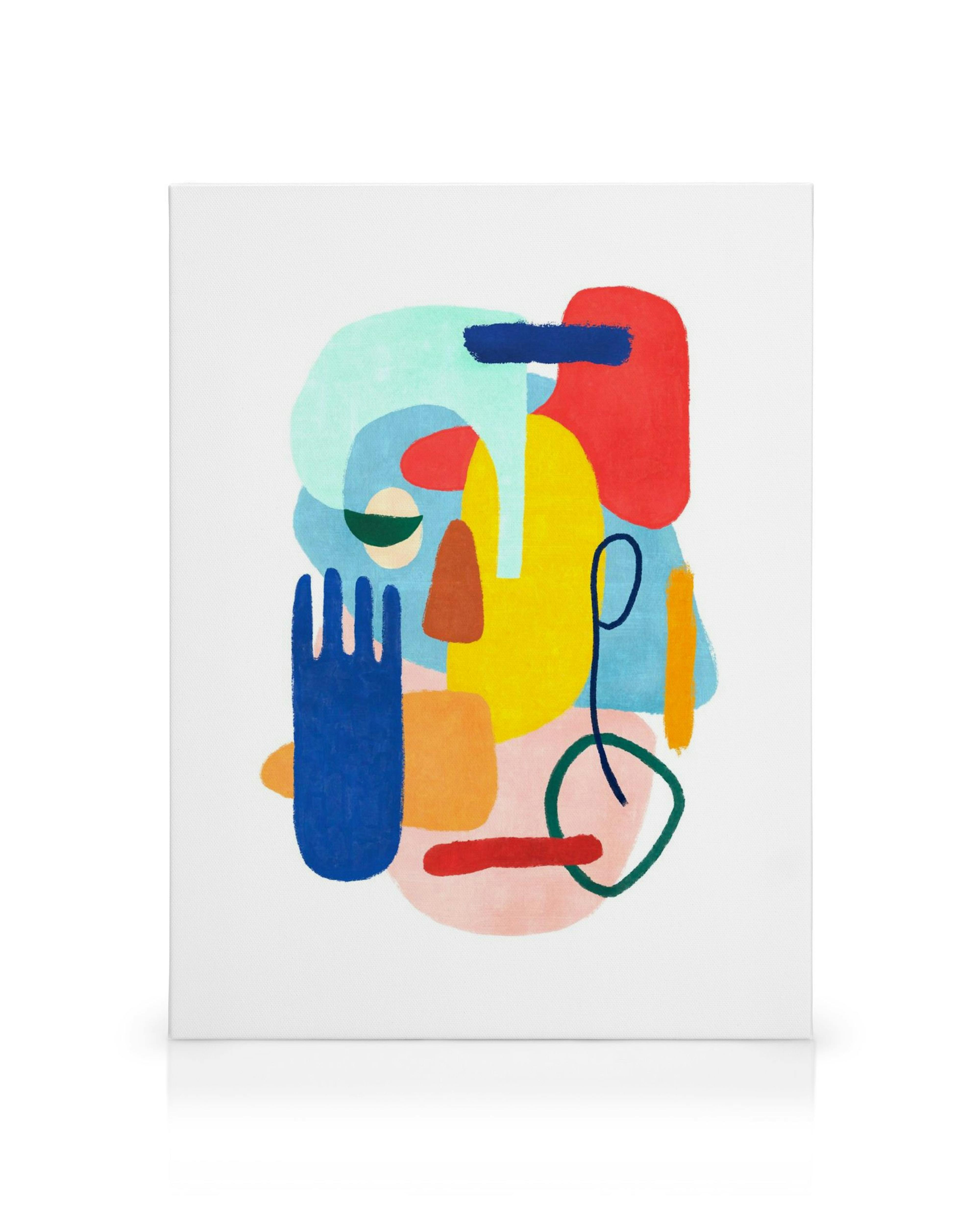 Colorful abstract face canvas art with bold shapes in red, yellow, blue, and green on white.