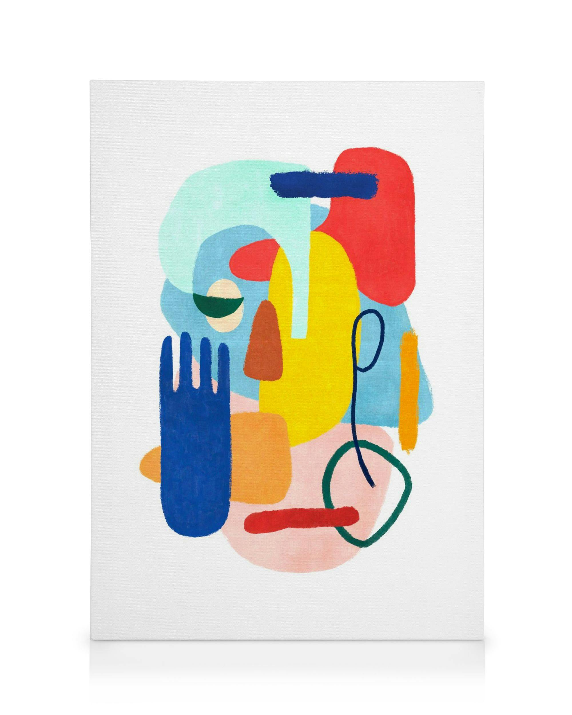 Buntes abstraktes Leinwandbild mit leuchtenden Formen in Blau, Gelb, Rot, Orange und Grün auf weißem Grund, moderne Kunst.