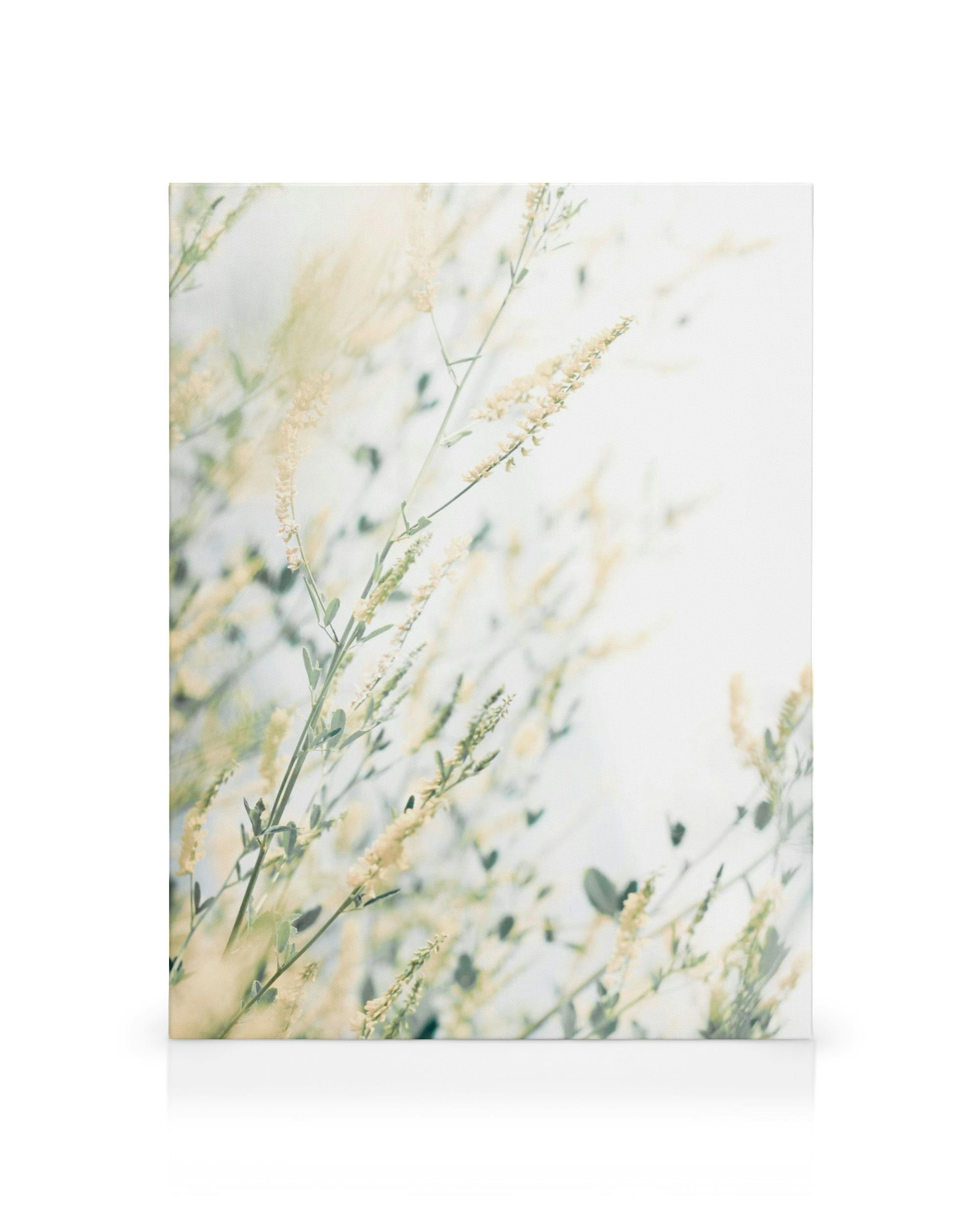 Light floral canvas print with soft yellow flowers on green stems against a bright, airy background.