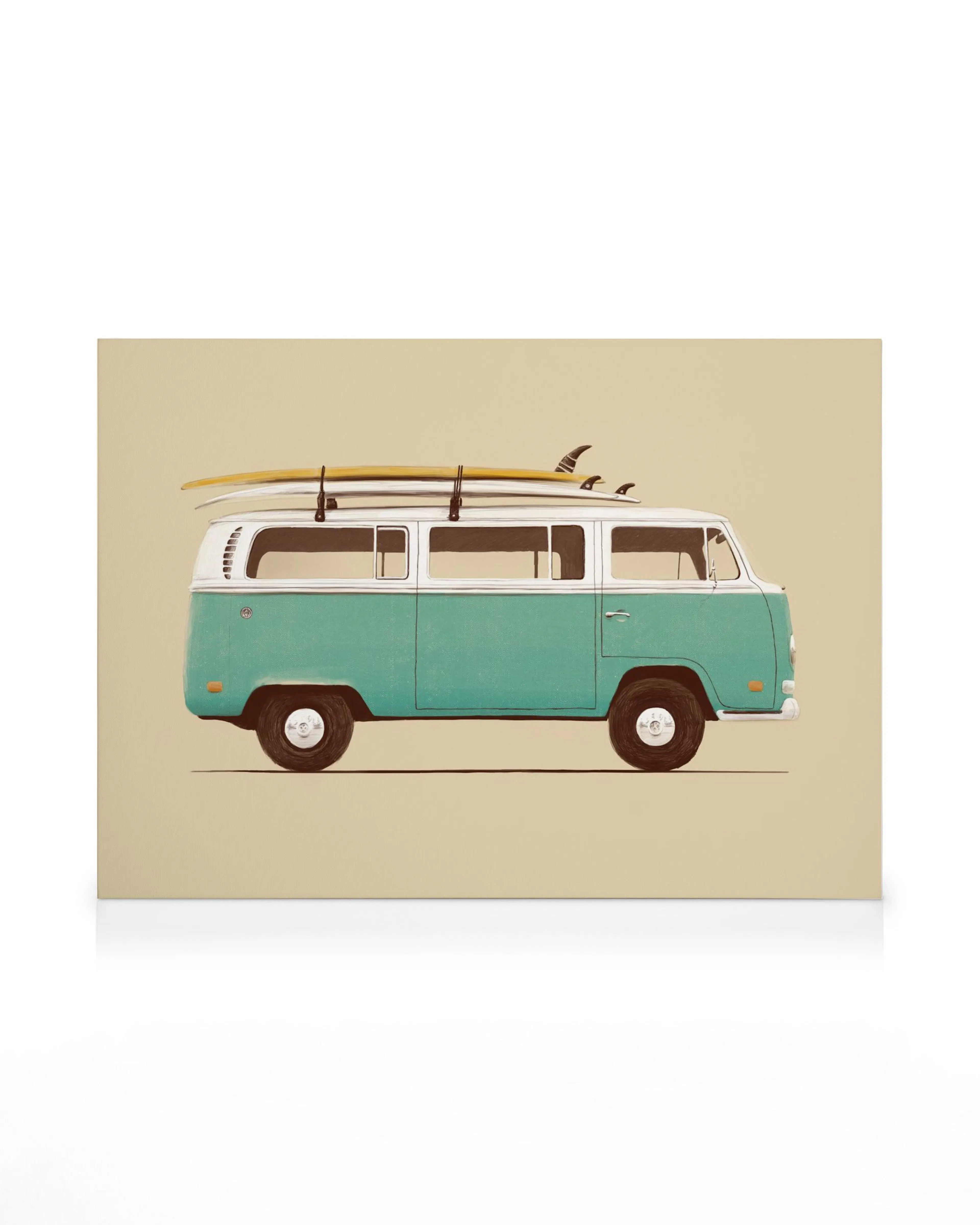 Teal and white retro van canvas print with a surfboard on the roof, beige background.