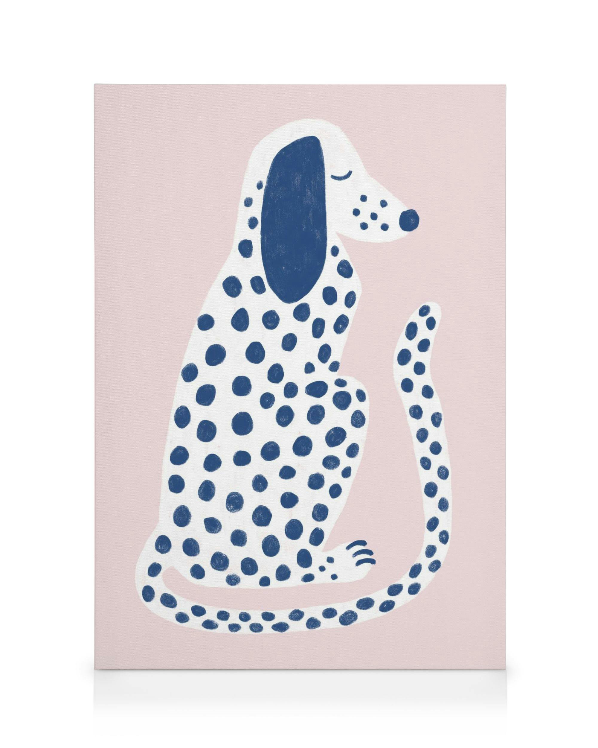 Leinwand mit sitzendem weissem Dalmatiner mit blauen Flecken und Ohren auf rosa Hintergrund