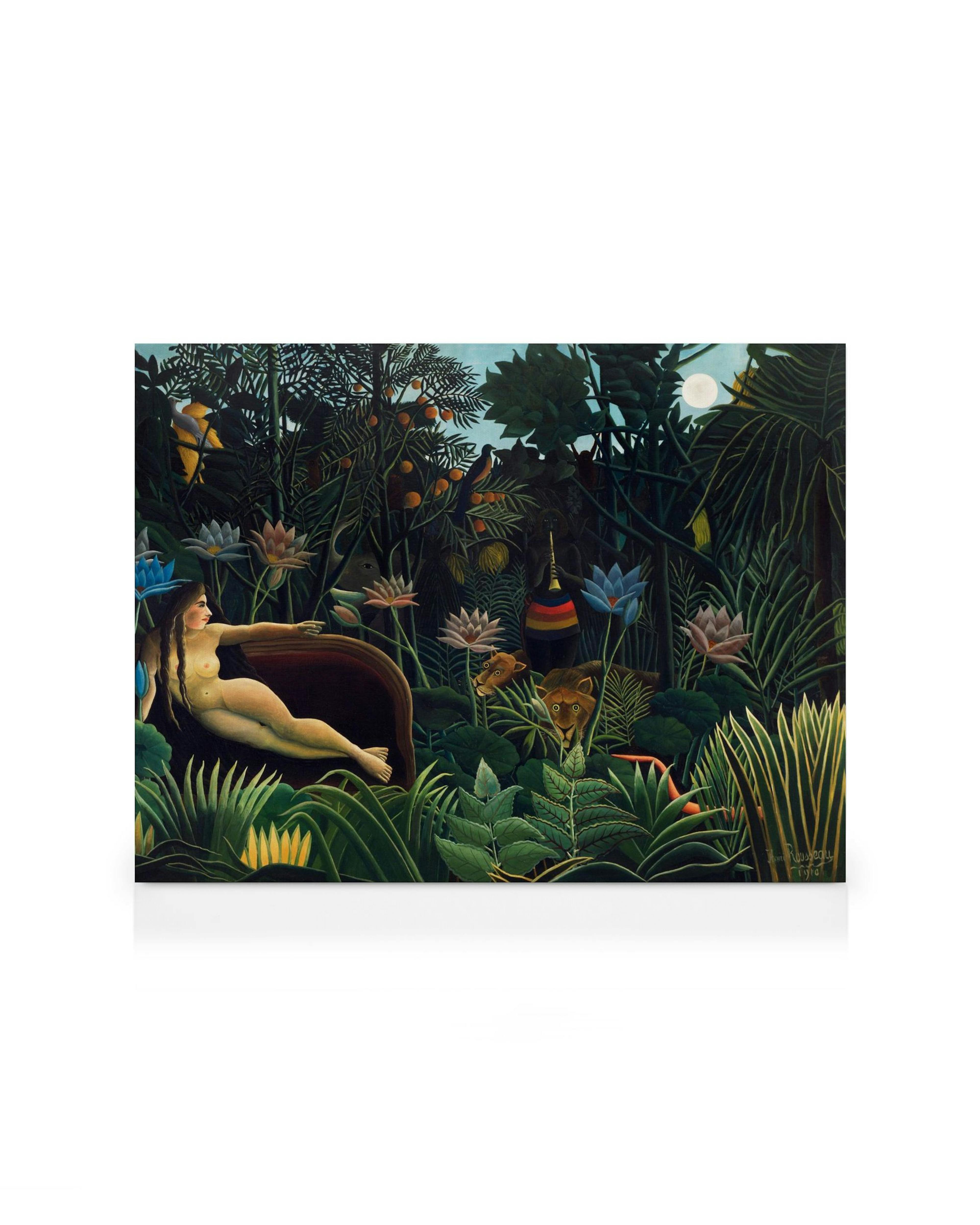 Rousseau Lærred, The Dream. Nøgen kvinde på sofa i junglen med dyr som løve, slange, fugl og blomster. Naivistisk kunst.