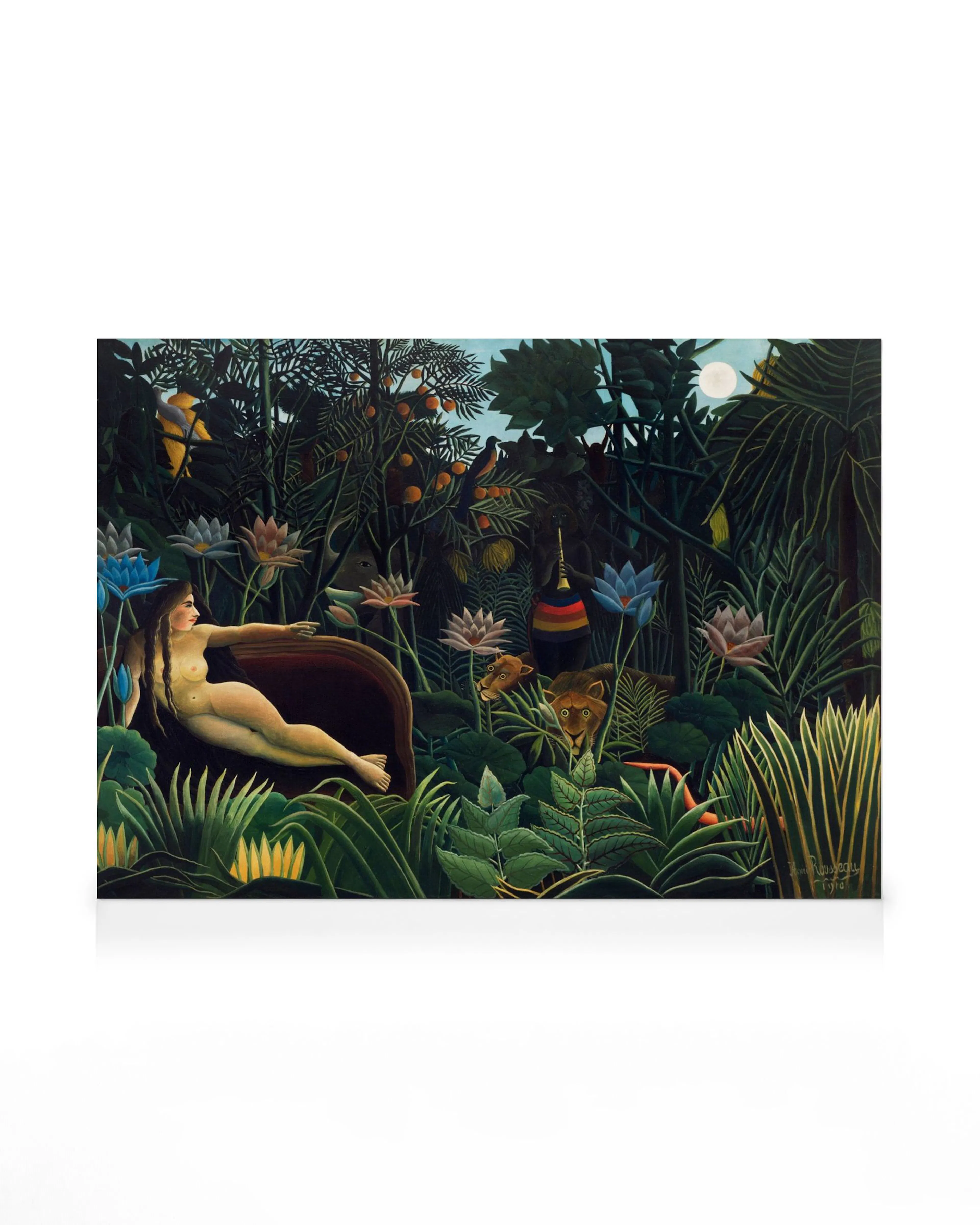Toile de Rousseau le rêve, scène de jungle avec femme nue, lions et oiseaux dans des tons verts et jaunes.