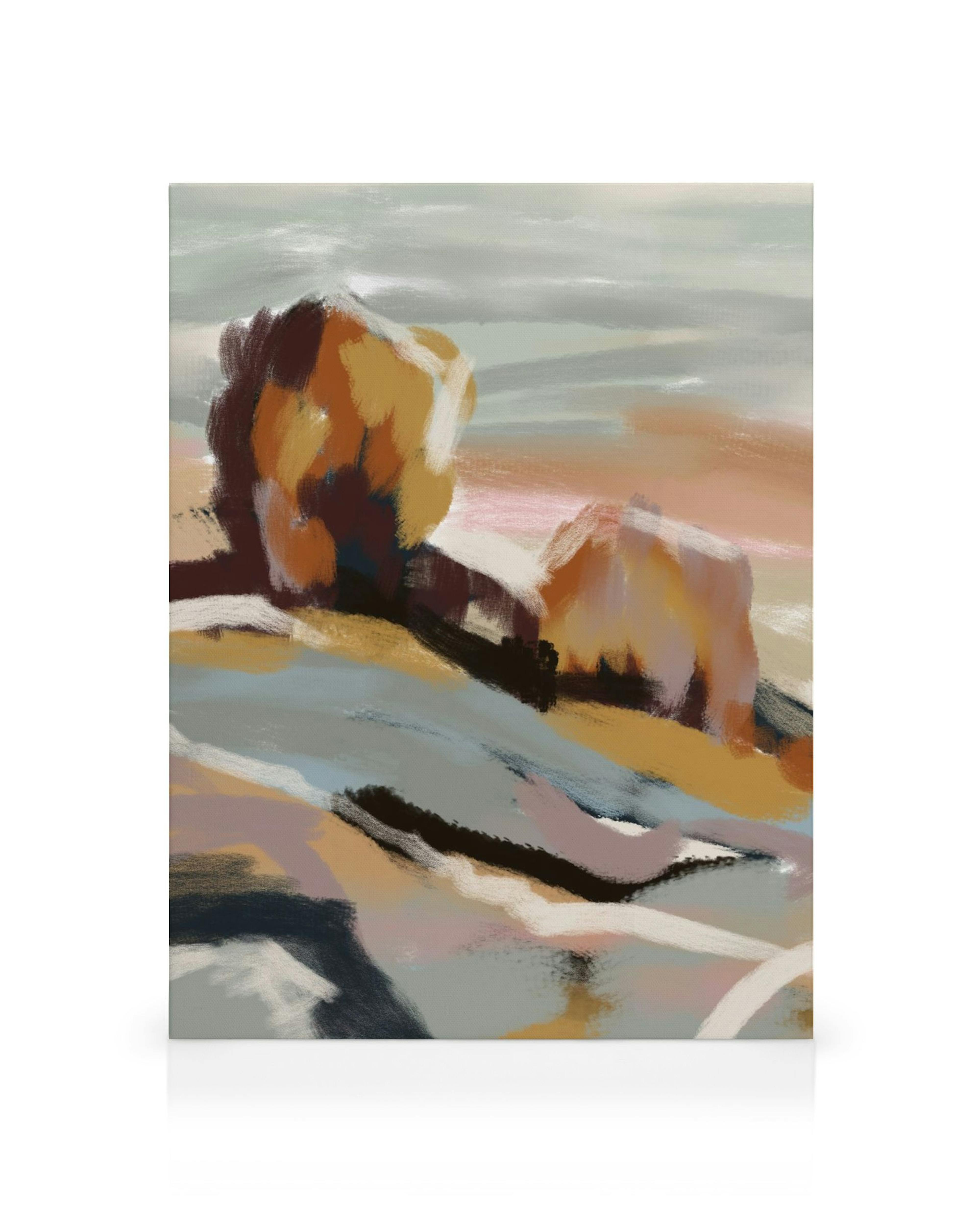 Abstract canvas print of a blurred French landscape with orange, brown, black, white, and pink brushstrokes.