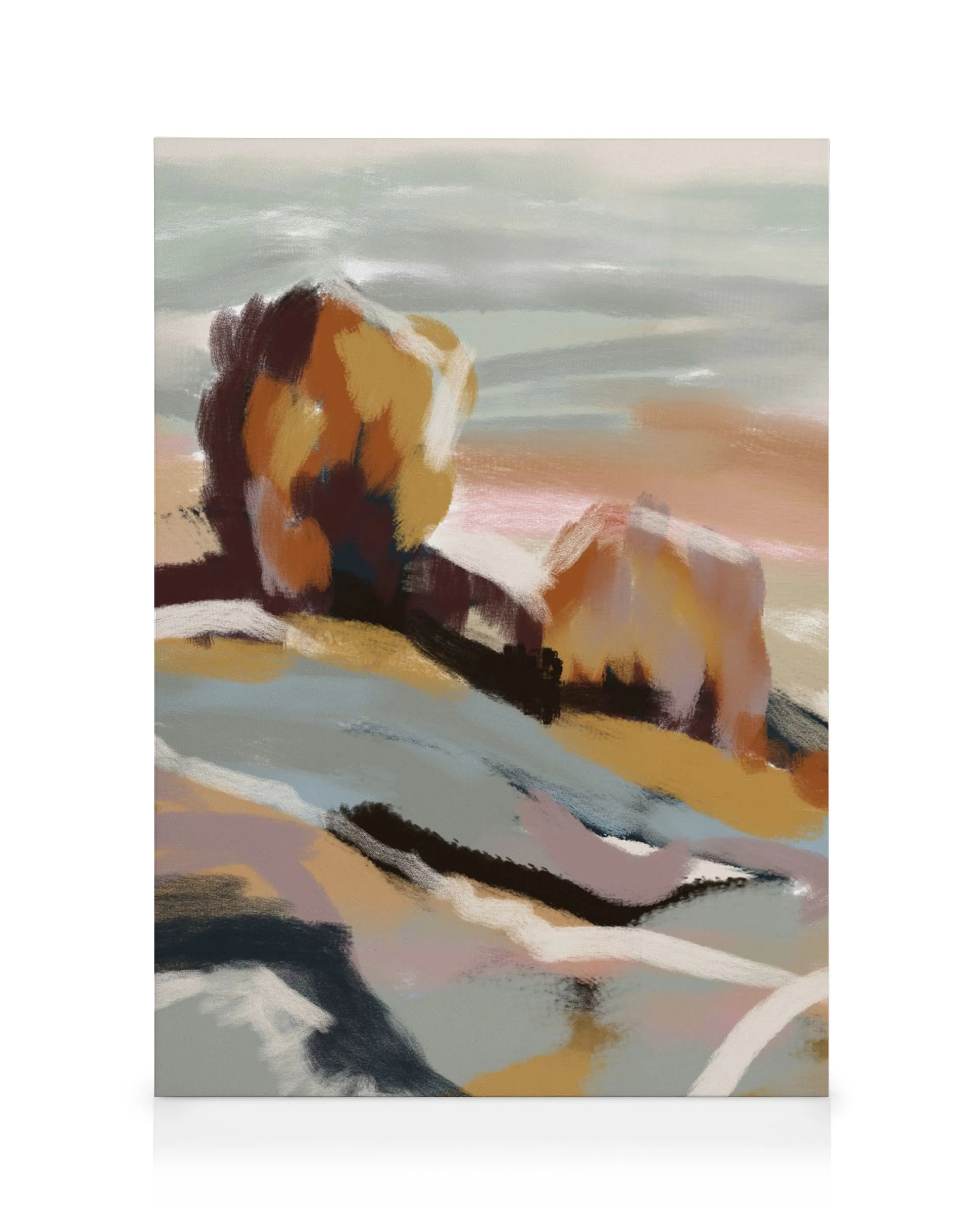 Impressionistic French landscape canvas with broad strokes of warm browns, cool blues, and soft pinks depicting hills and sky.